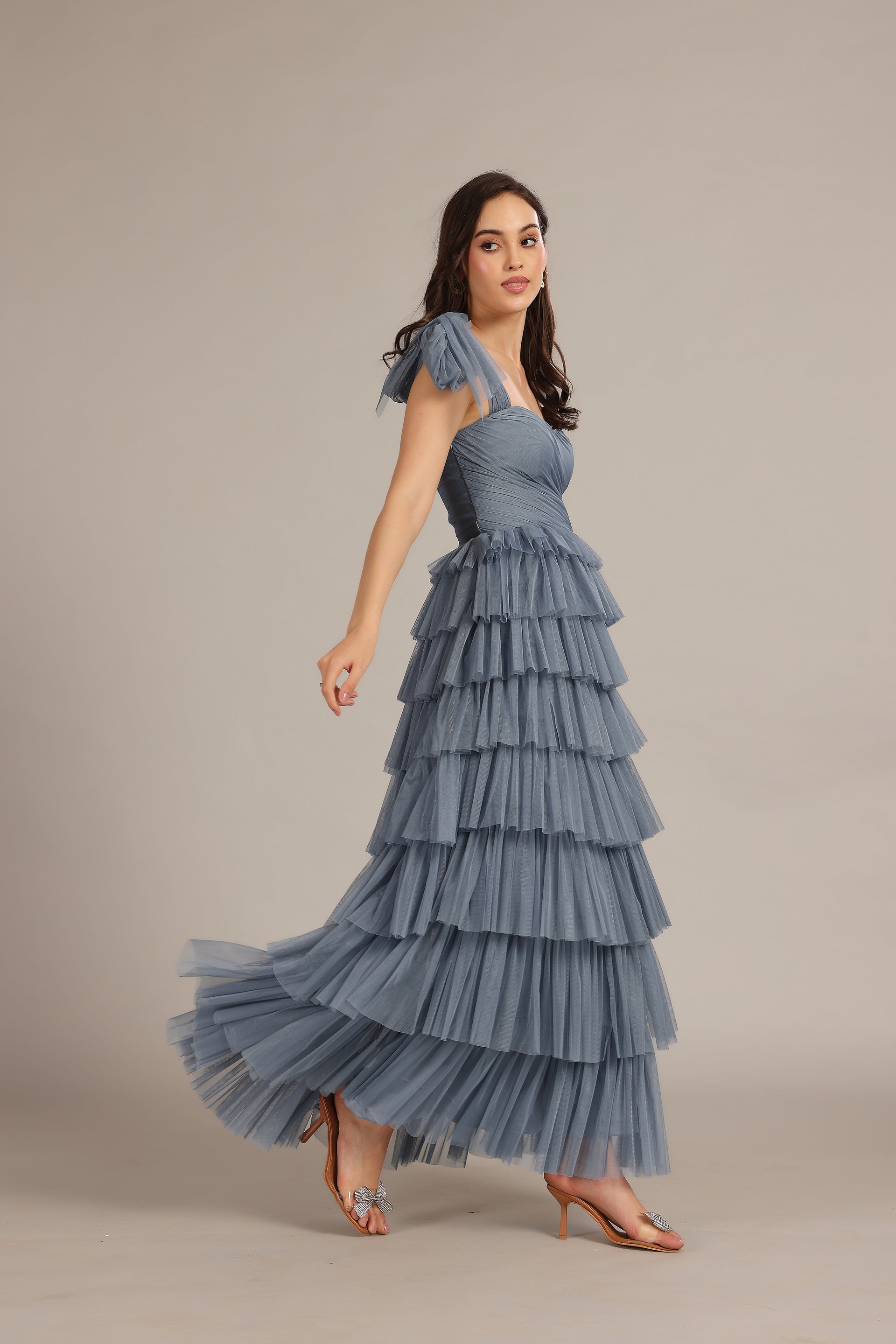 Ophelia Tulle Maxi Dress with Tie Detail in Dusty Blue