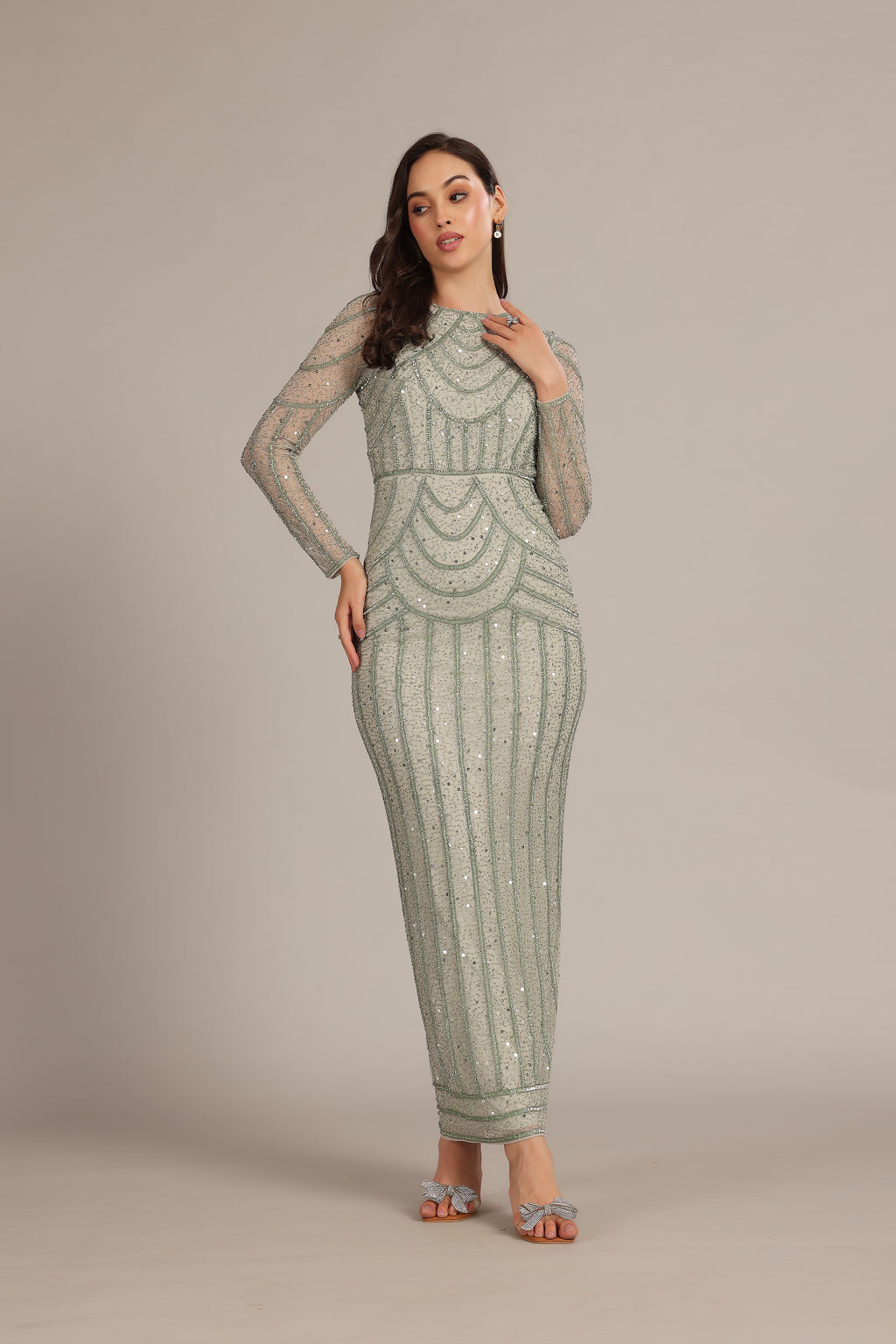 Embellished Modest Wedding Party Formal Long-Sleeve Maxi Dress Sage Green