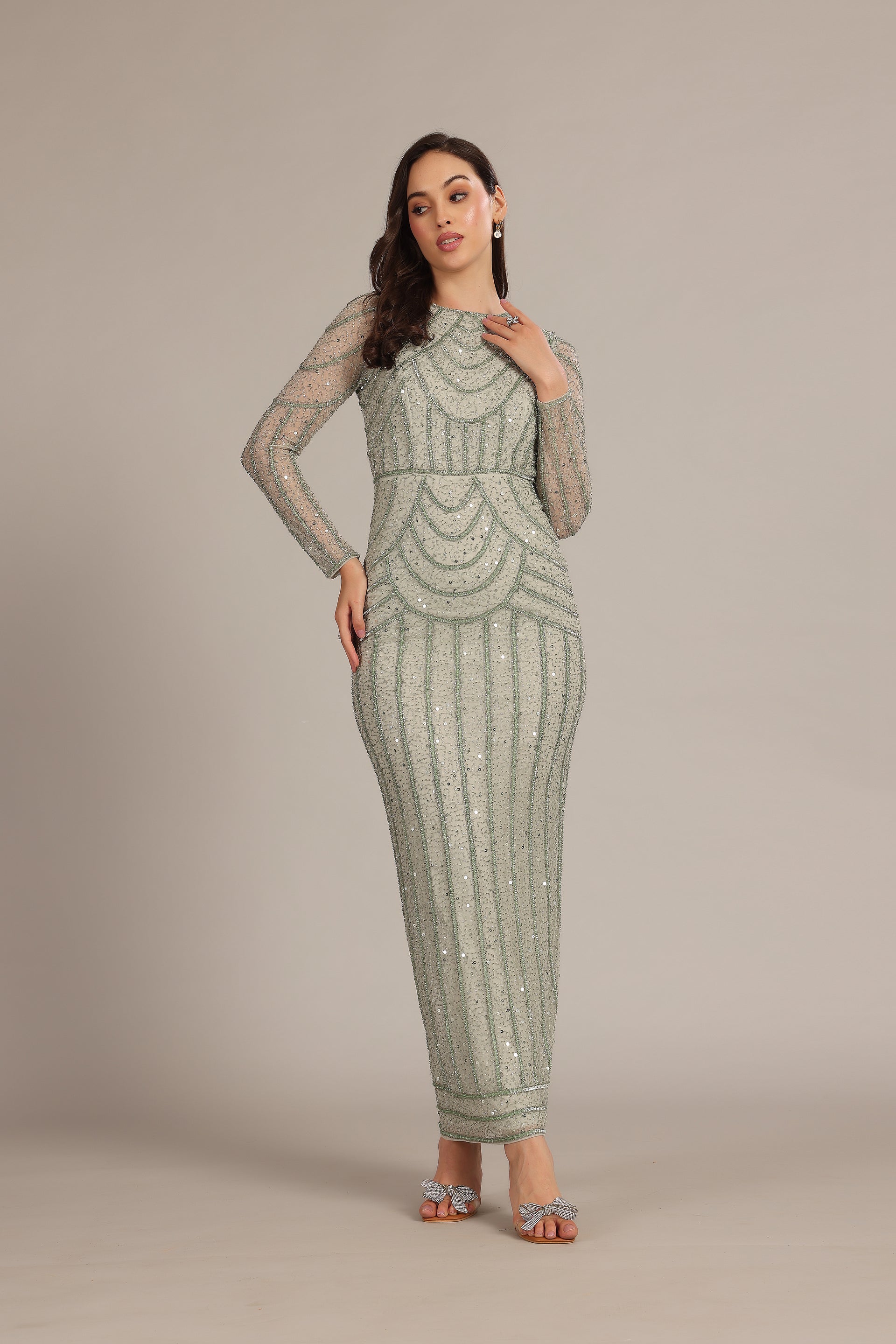 Embellished Modest Wedding Party Formal Long-Sleeve Maxi Dress Sage Green