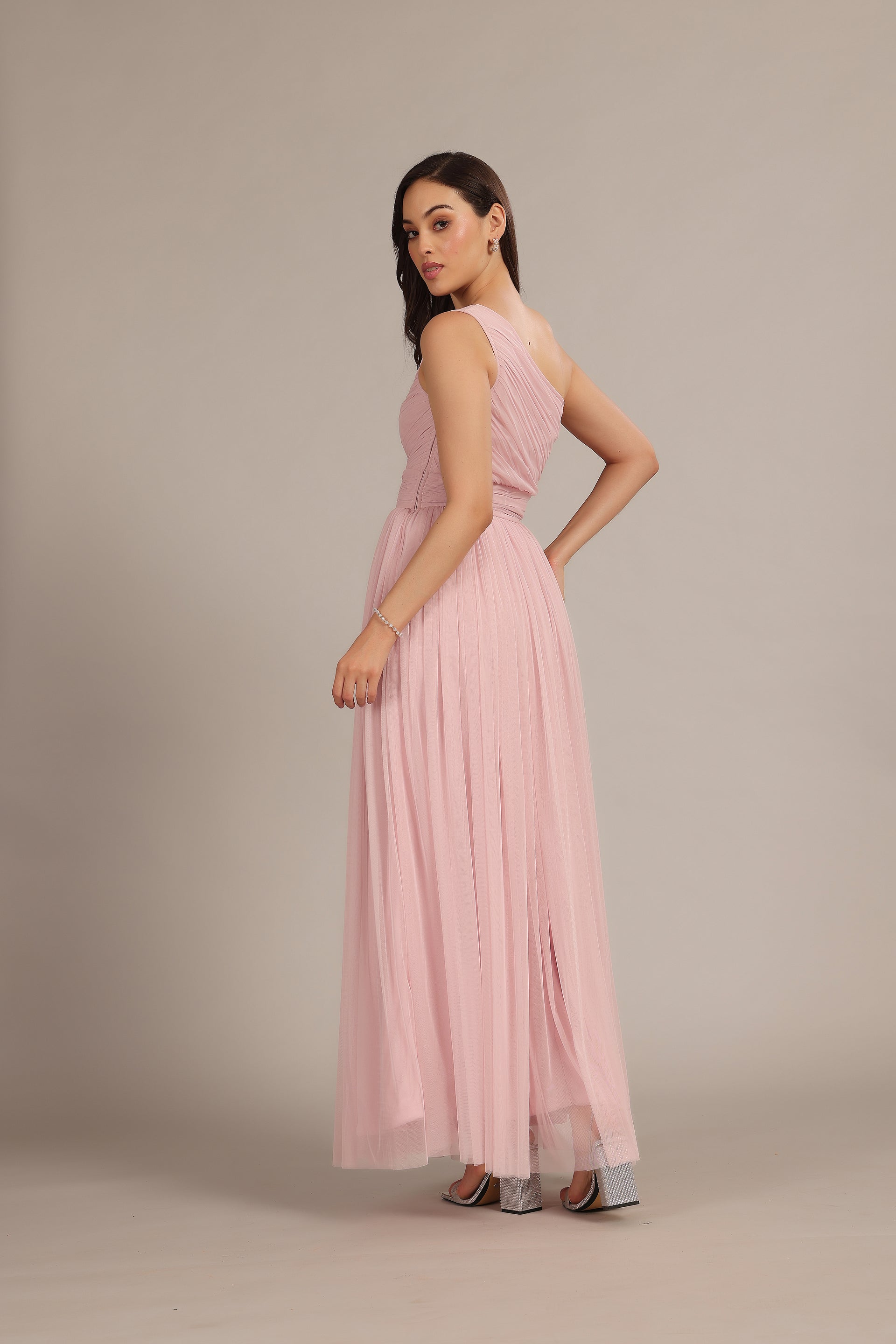 One Shoulder Tulle Maxi Dress in Powder Pink