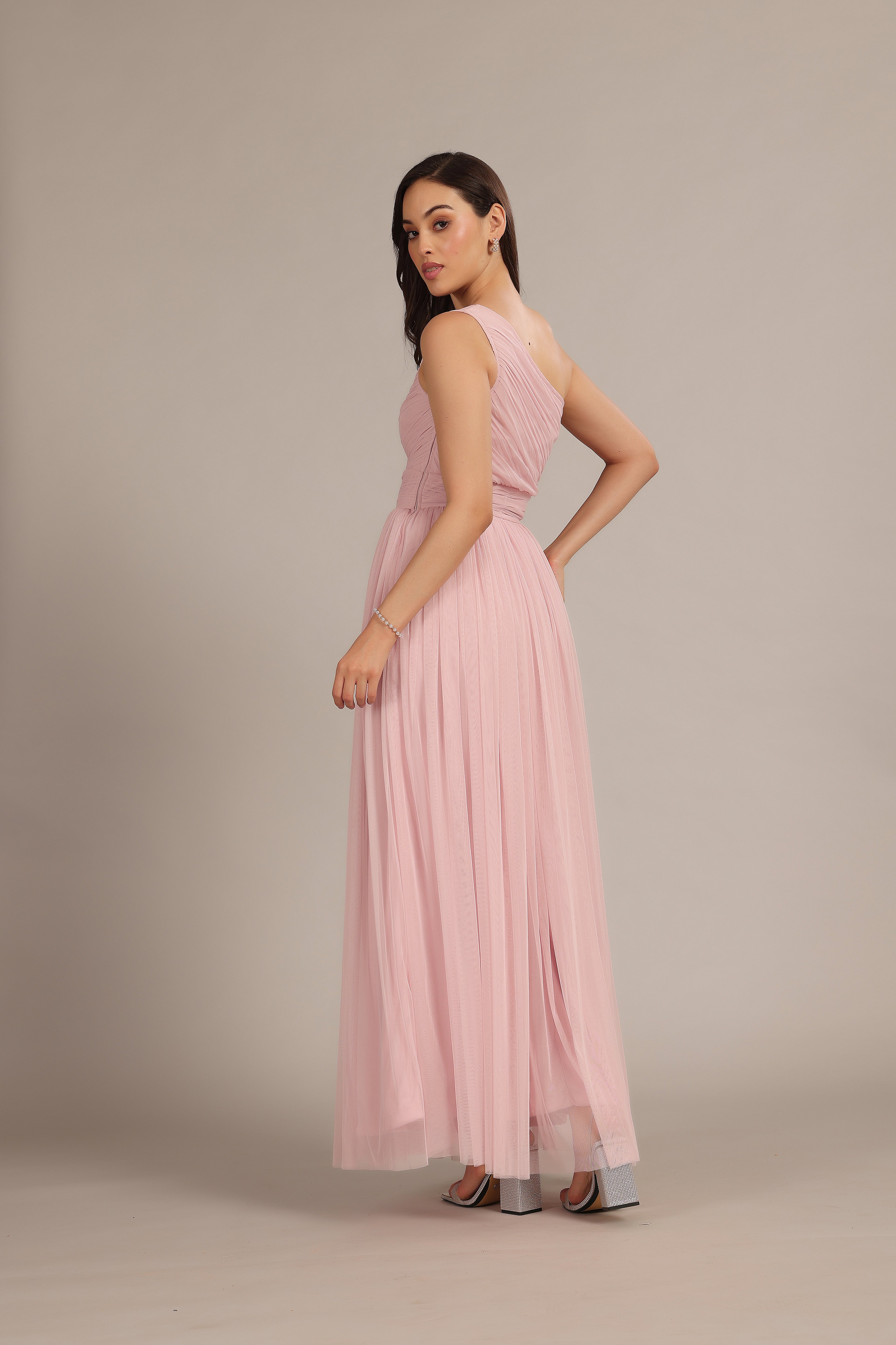 One Shoulder Tulle Maxi Dress in Powder Pink
