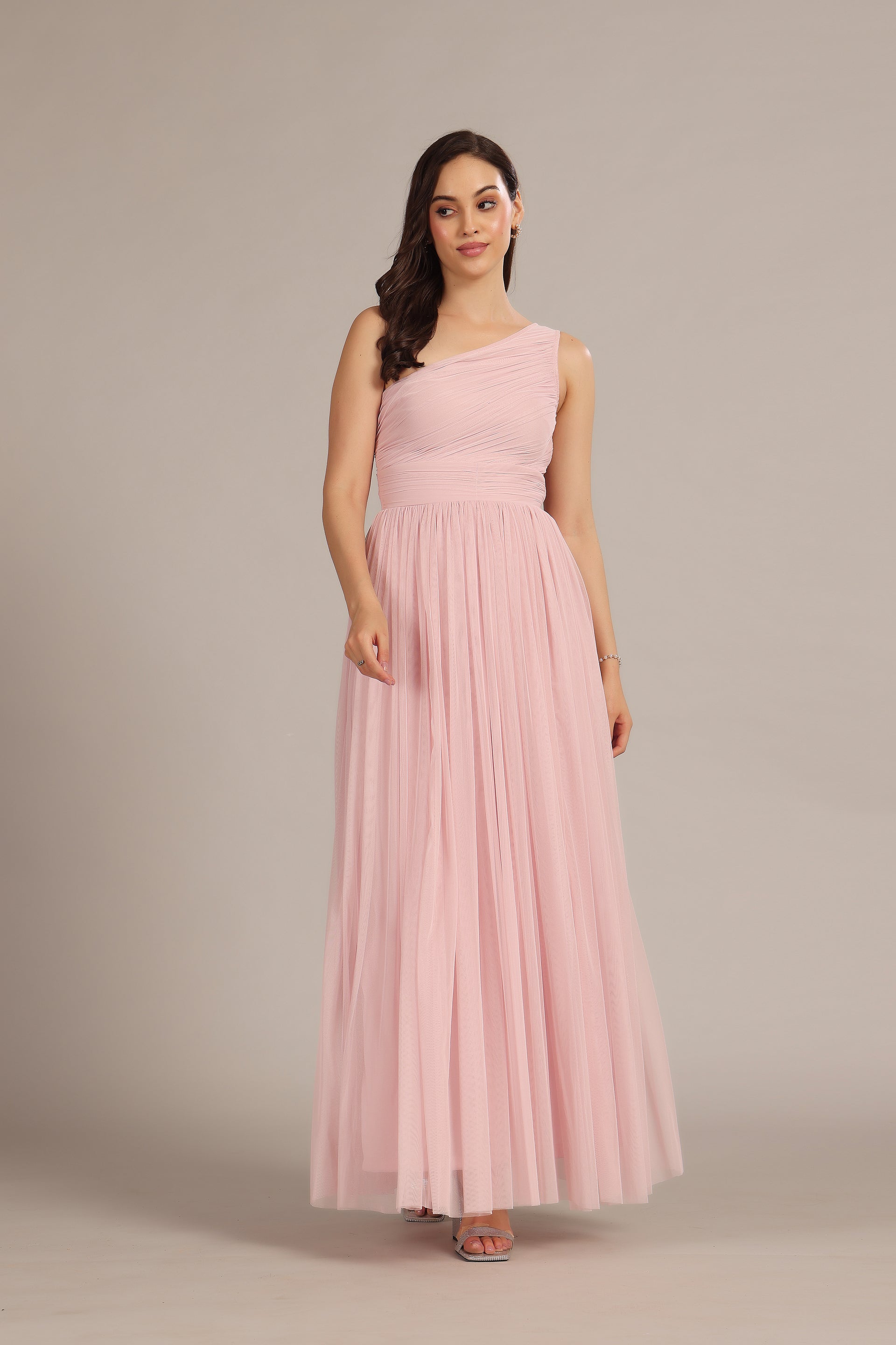 One Shoulder Tulle Maxi Dress in Powder Pink
