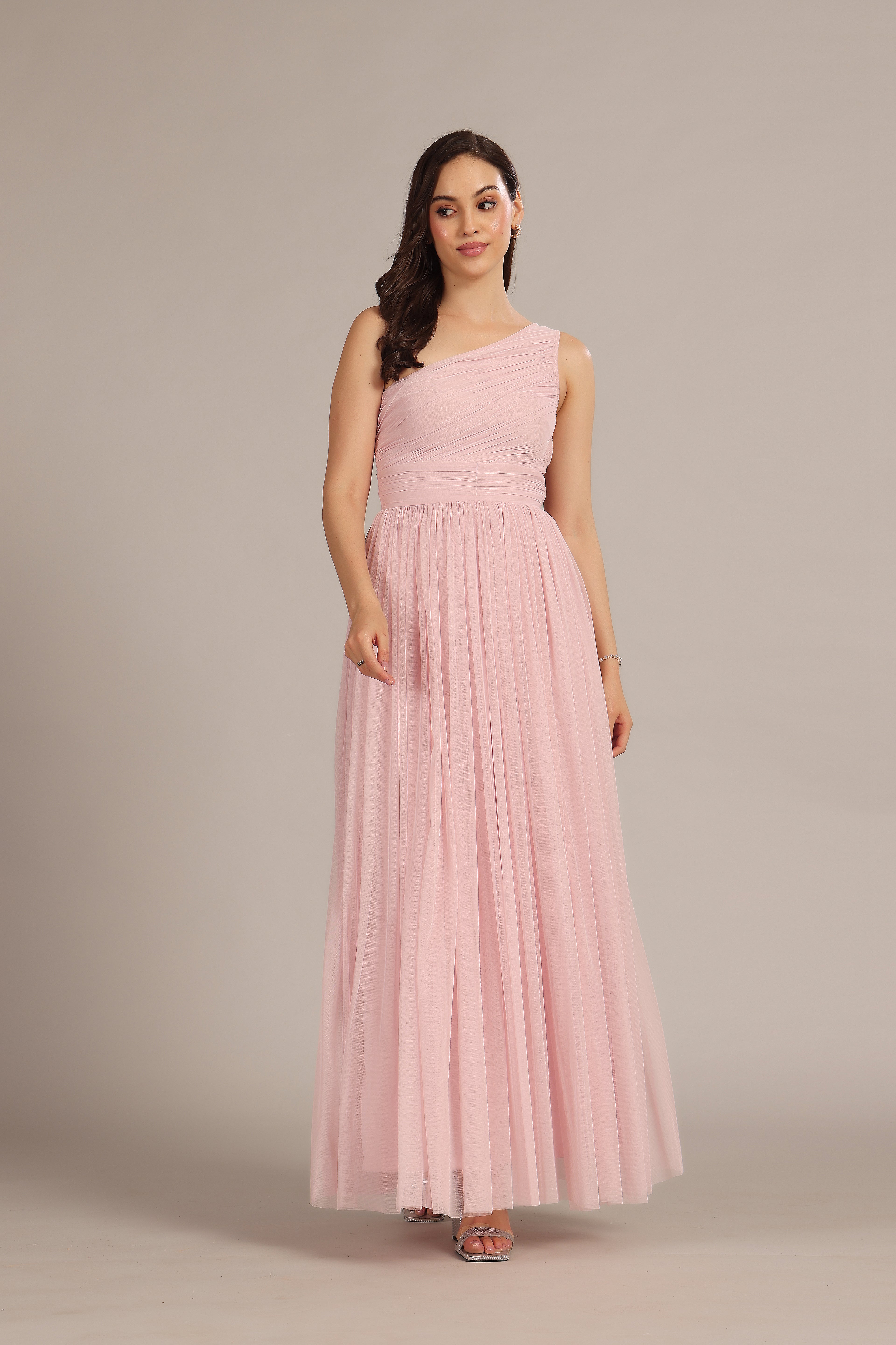 One Shoulder Tulle Maxi Dress in Powder Pink