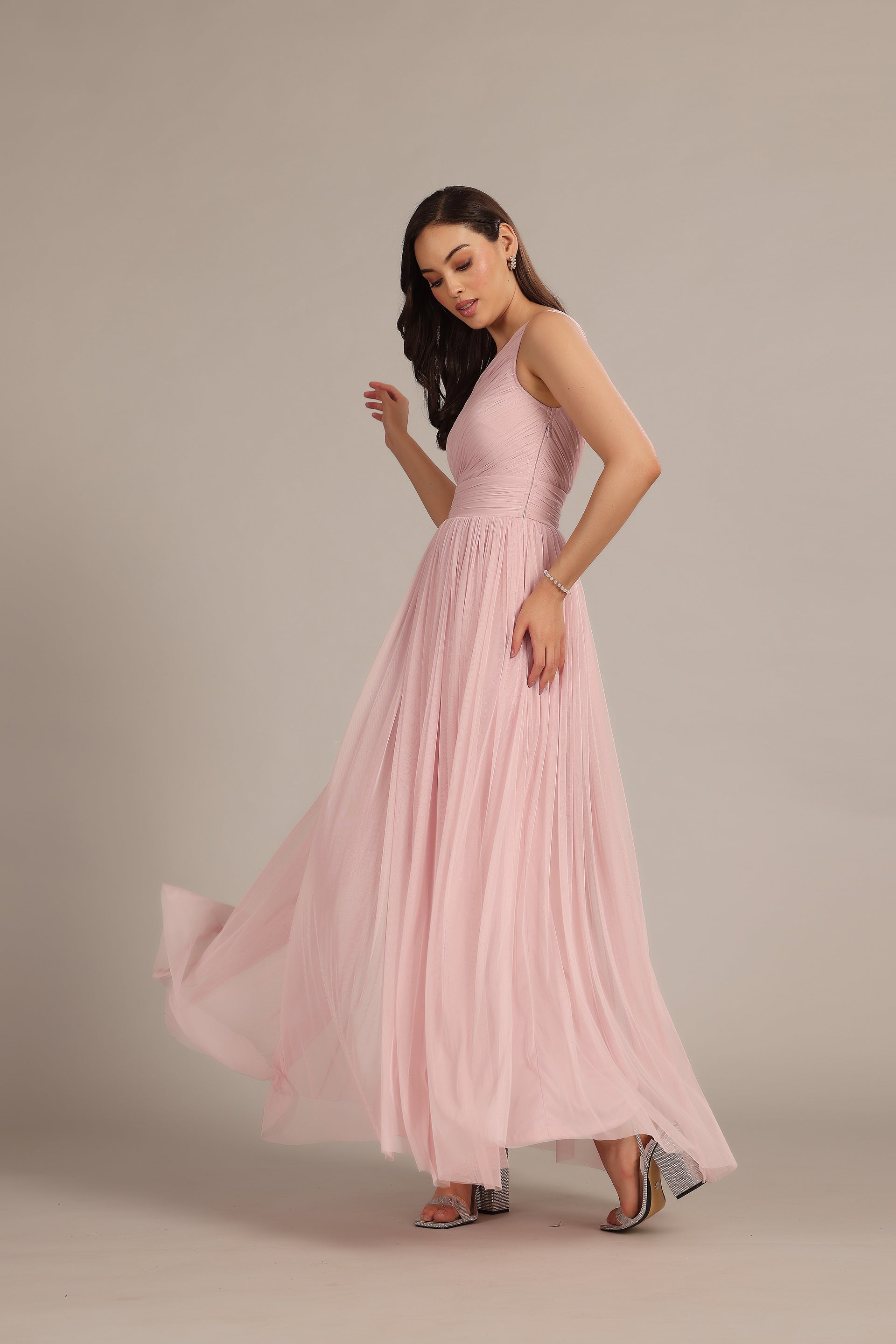One Shoulder Tulle Maxi Dress in Powder Pink
