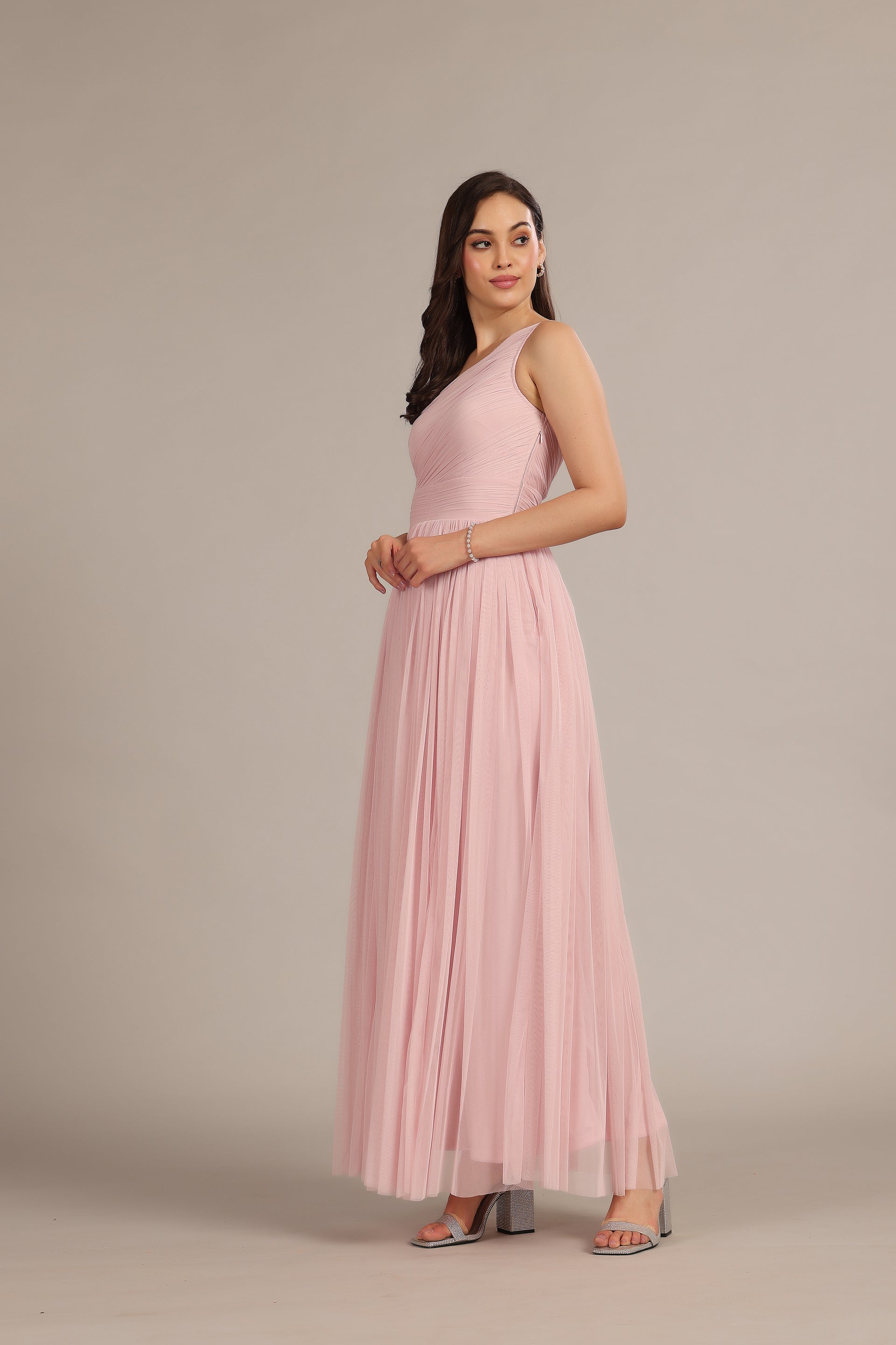 One Shoulder Tulle Maxi Dress in Powder Pink