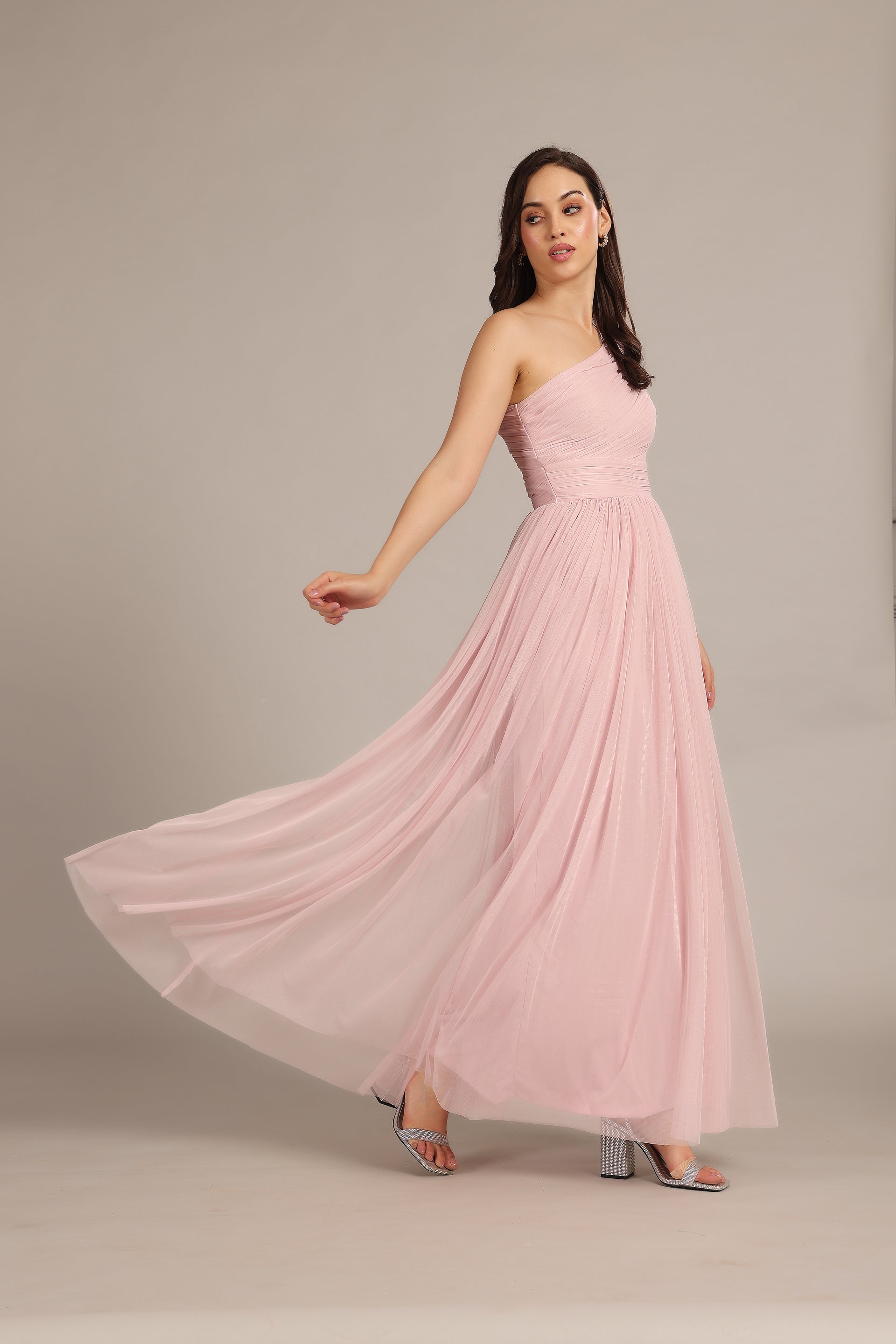 One Shoulder Soft Tulle Bridesmaid Wedding Guest Powder Pink Maxi Dress