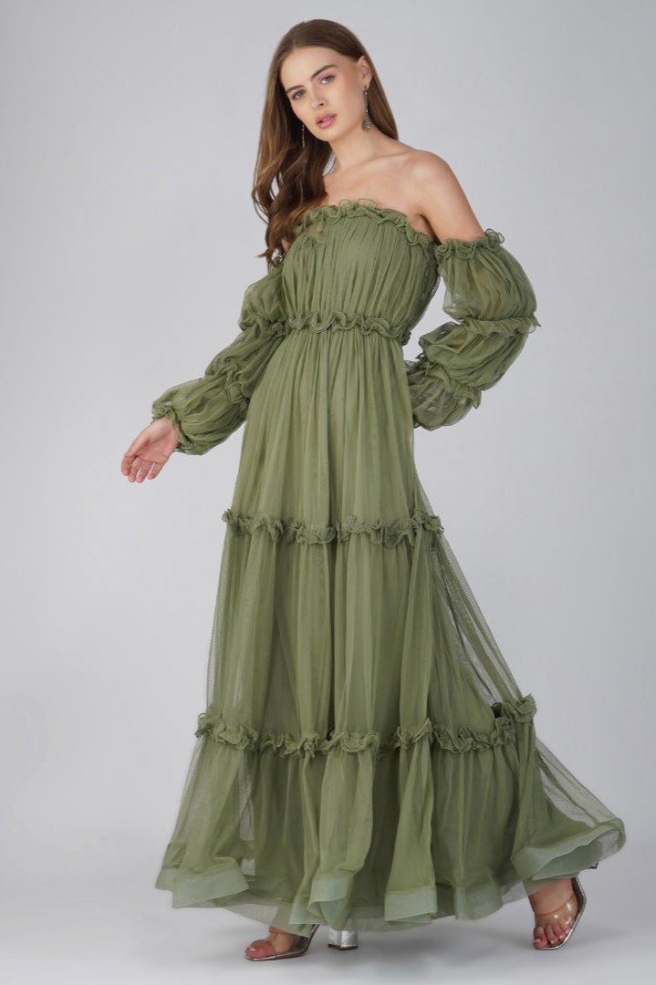 Emmeline Tulle Maxi Dress in Soft Olive