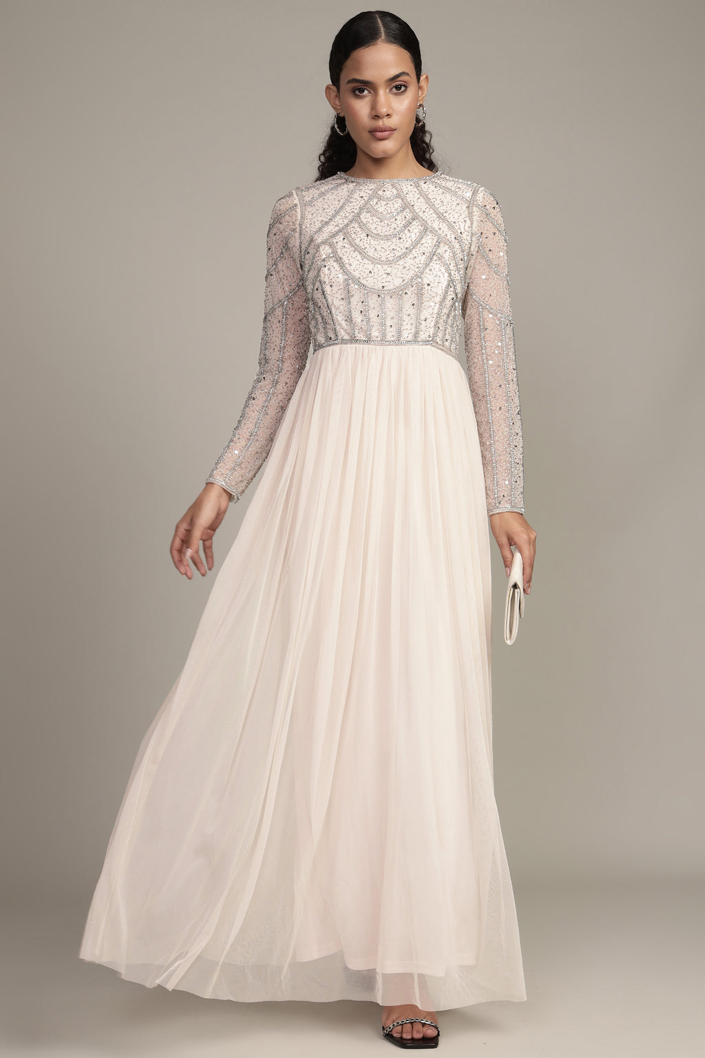 embellished pink cream tulle maxi dress long-sleeve a-line modest