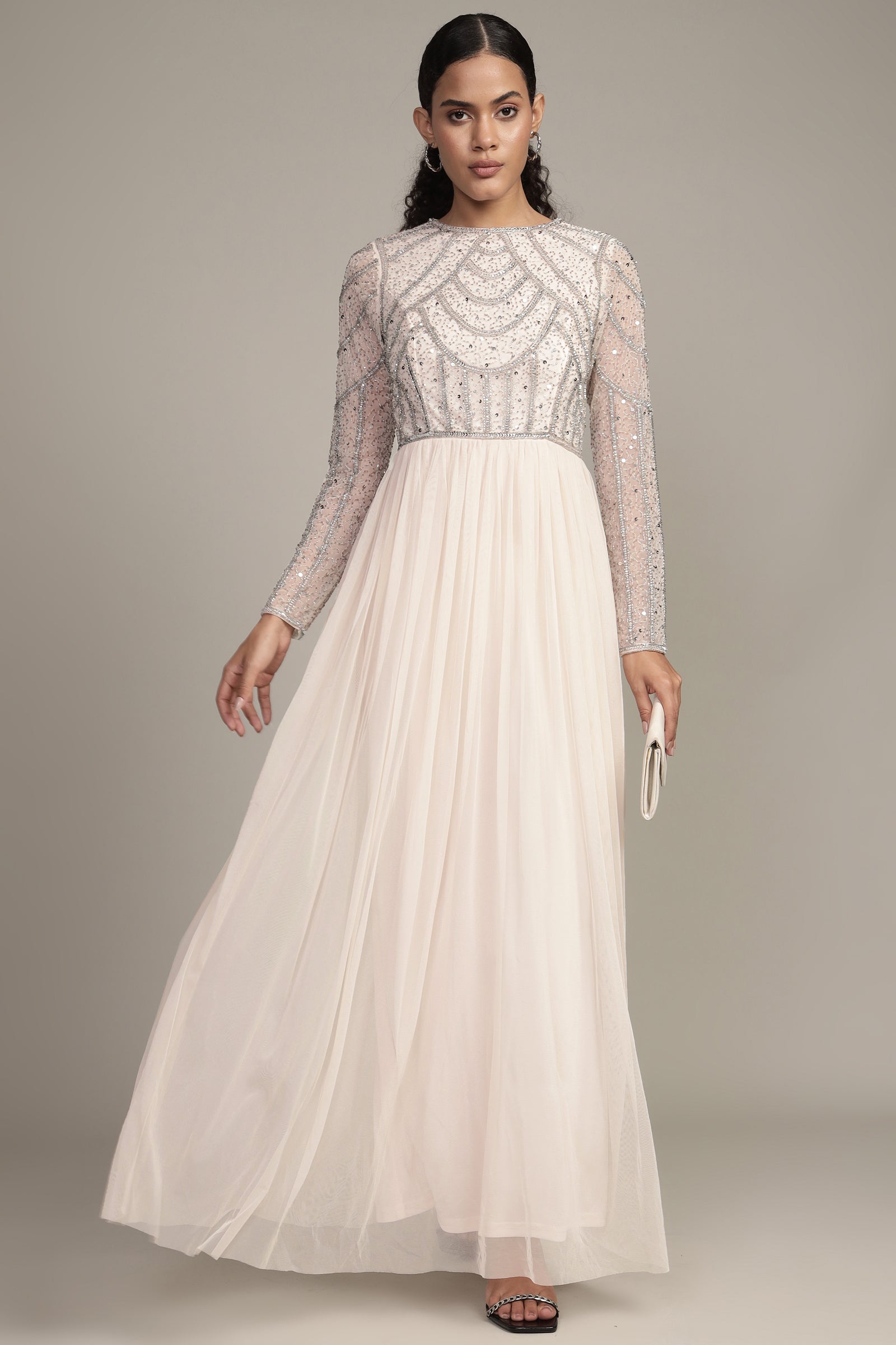 embellished pink cream tulle maxi dress long-sleeve a-line modest