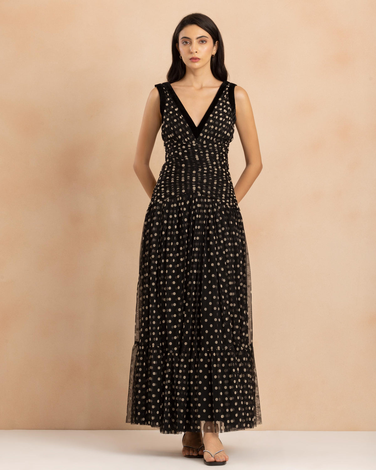 Elsie Maxi Dress with Velvet Trim in Black and Cream Polka