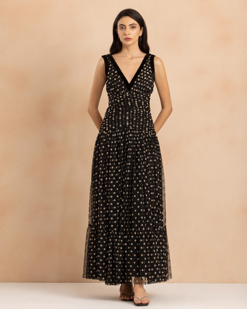 Elsie Maxi Dress with Velvet Trim in Black and Cream Polka