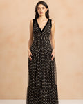 Elsie Maxi Dress with Velvet Trim in Black and Cream Polka