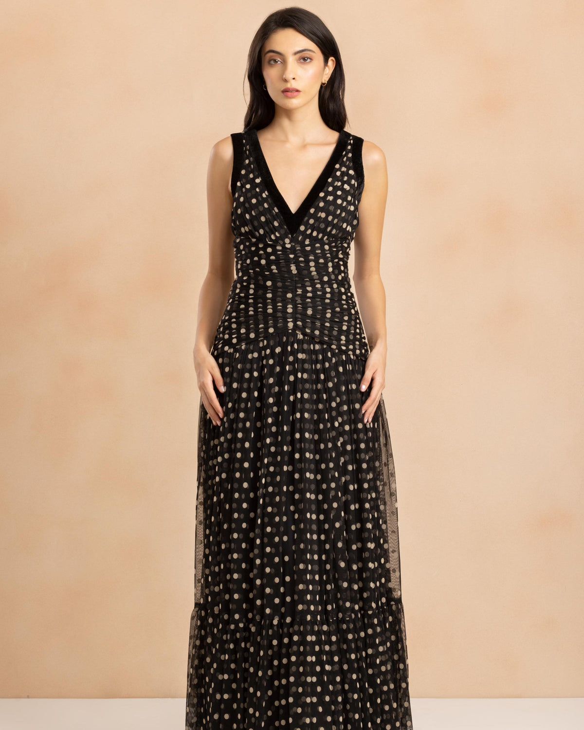 Elsie Maxi Dress with Velvet Trim in Black and Cream Polka