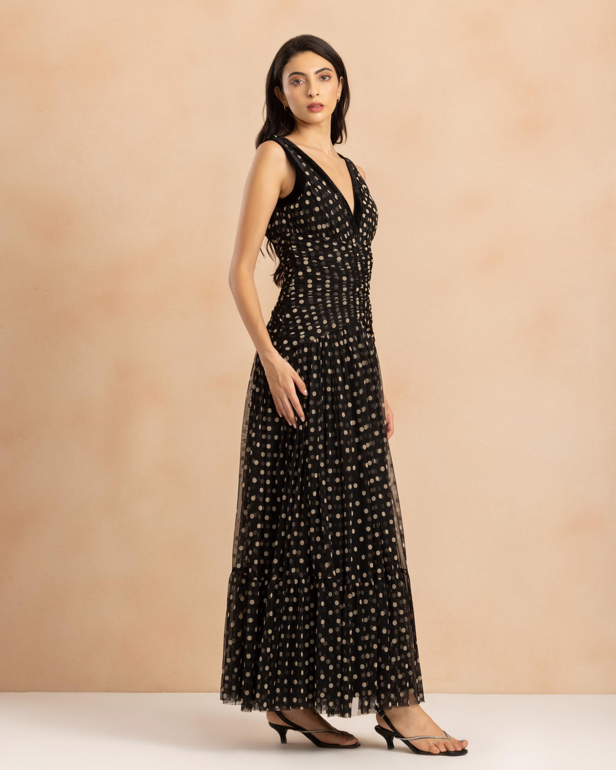Elsie Maxi Dress with Velvet Trim in Black and Cream Polka