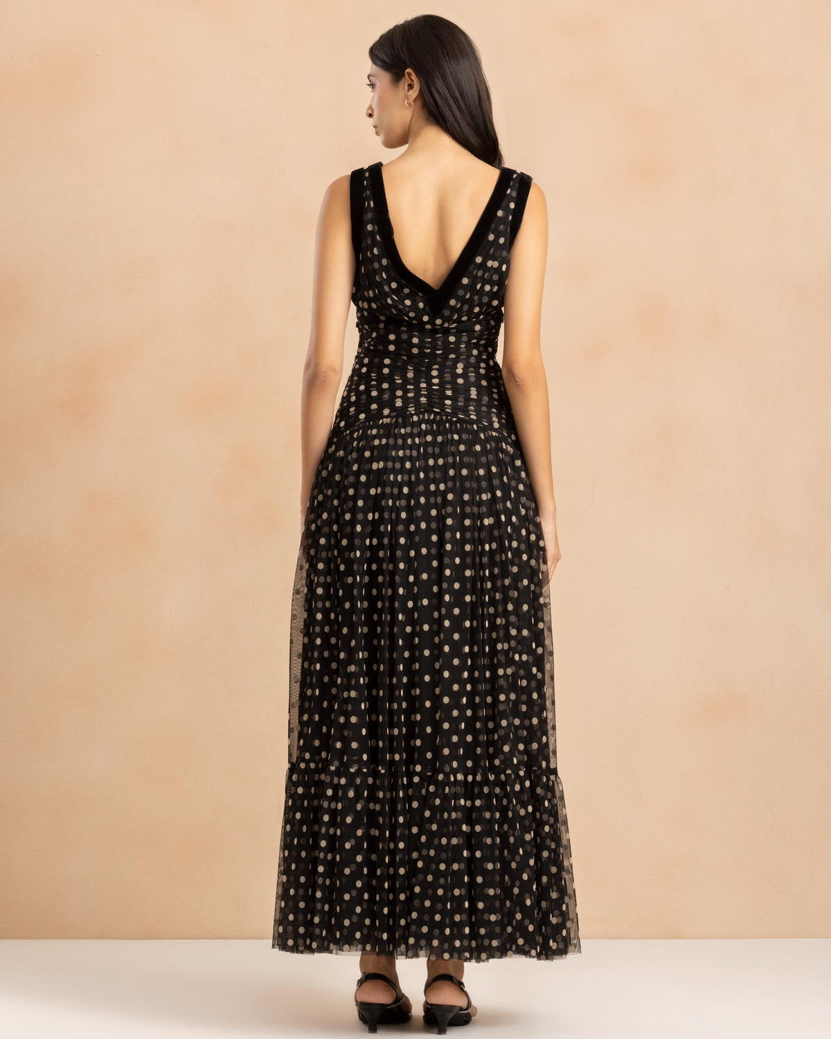 Elsie Maxi Dress with Velvet Trim in Black and Cream Polka