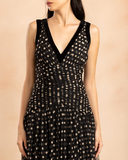 Elsie Maxi Dress with Velvet Trim in Black and Cream Polka