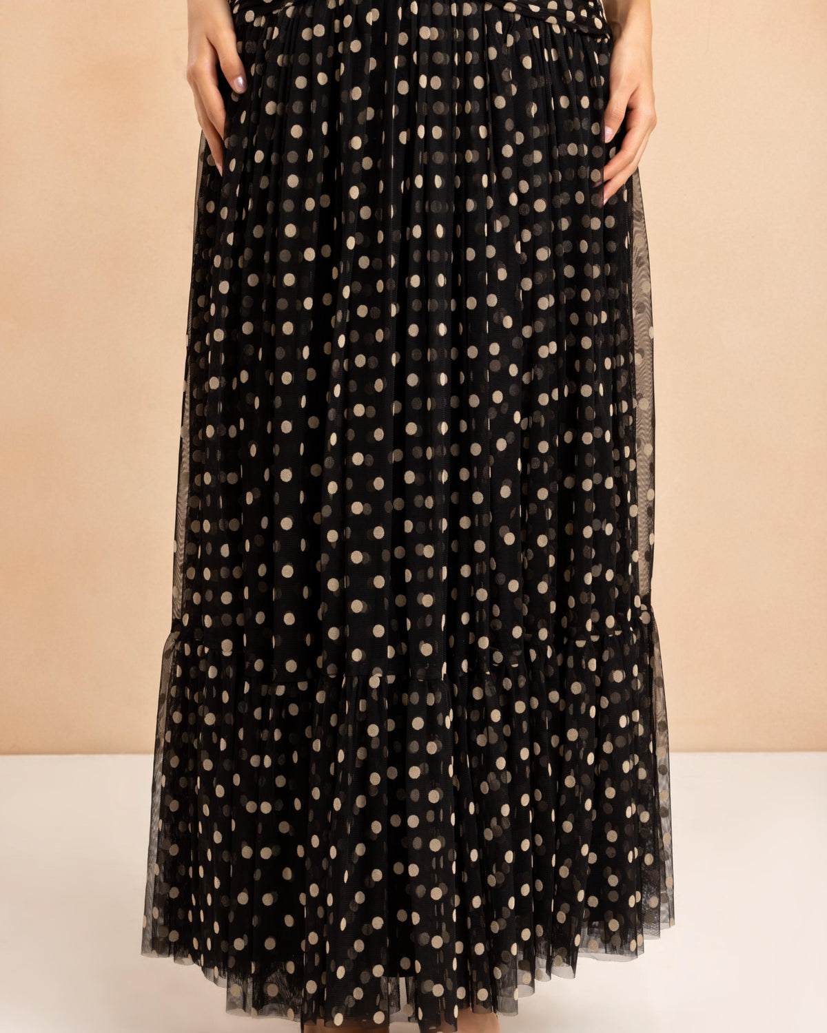Elsie Maxi Dress with Velvet Trim in Black and Cream Polka