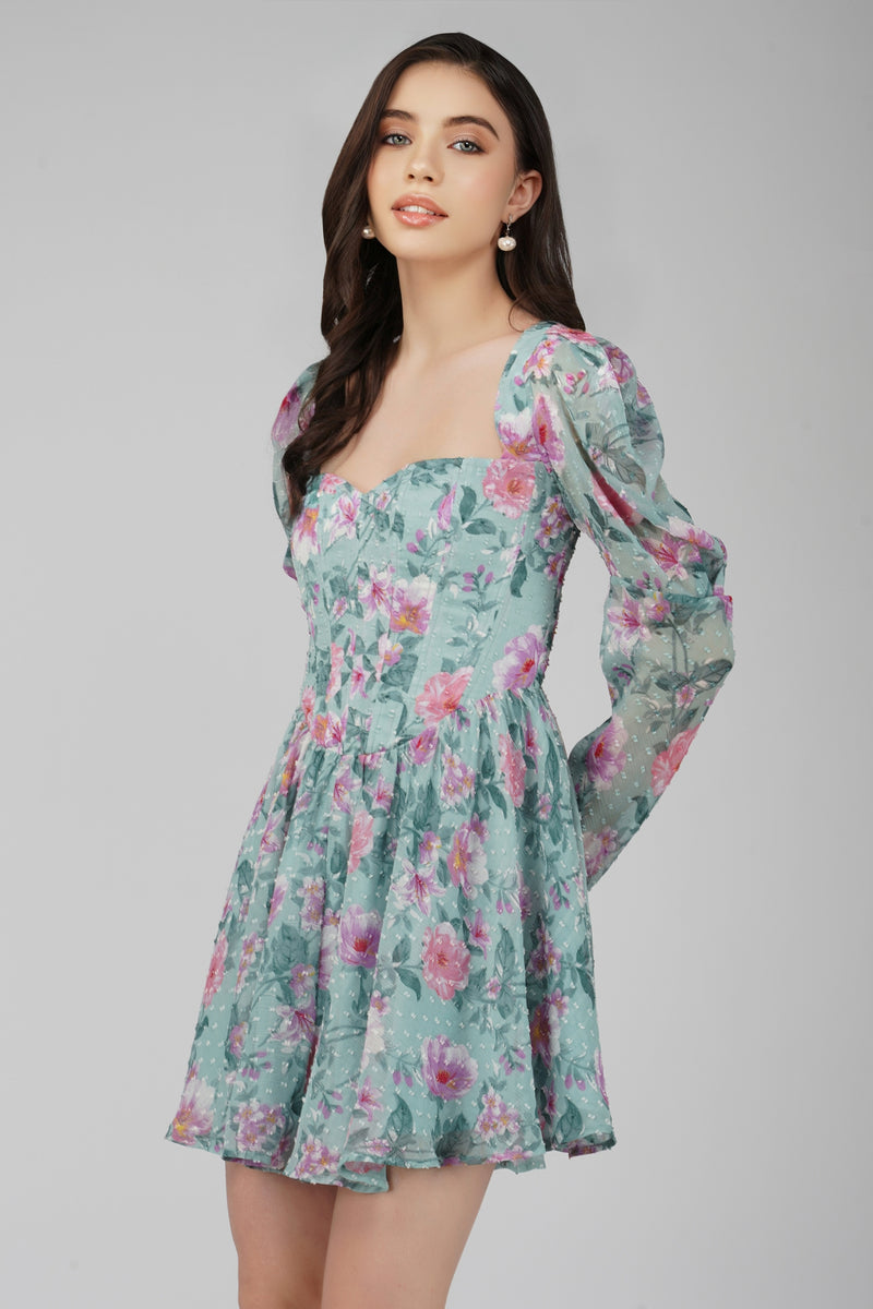 Bone Green Floral Corset Dress Lace Beads