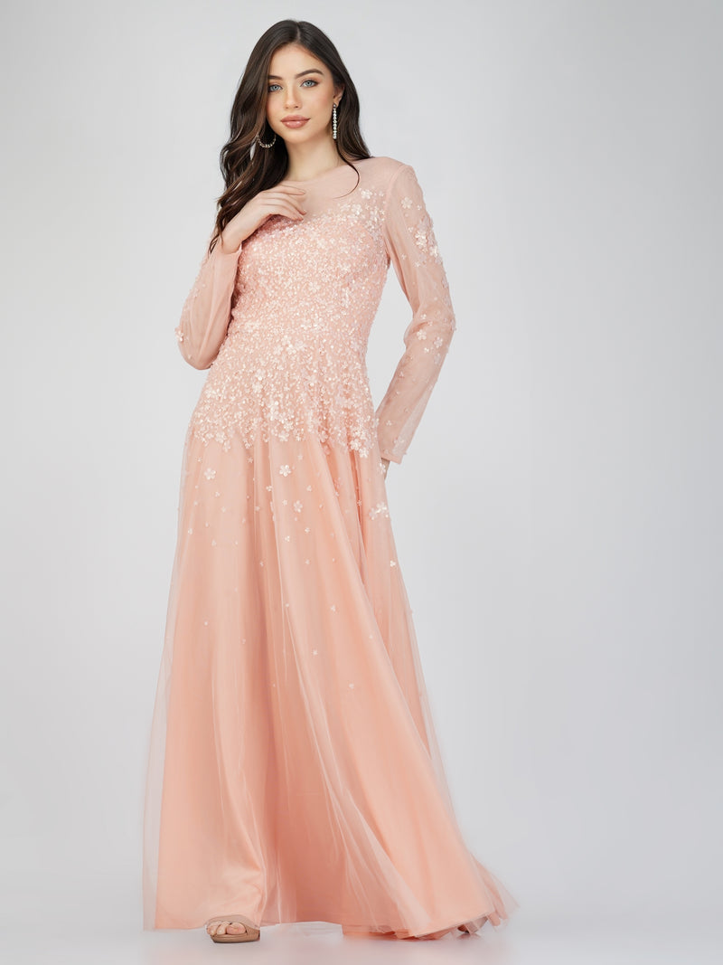 Luciene Long Sleeve Embellished Maxi Dress in Blush Pink