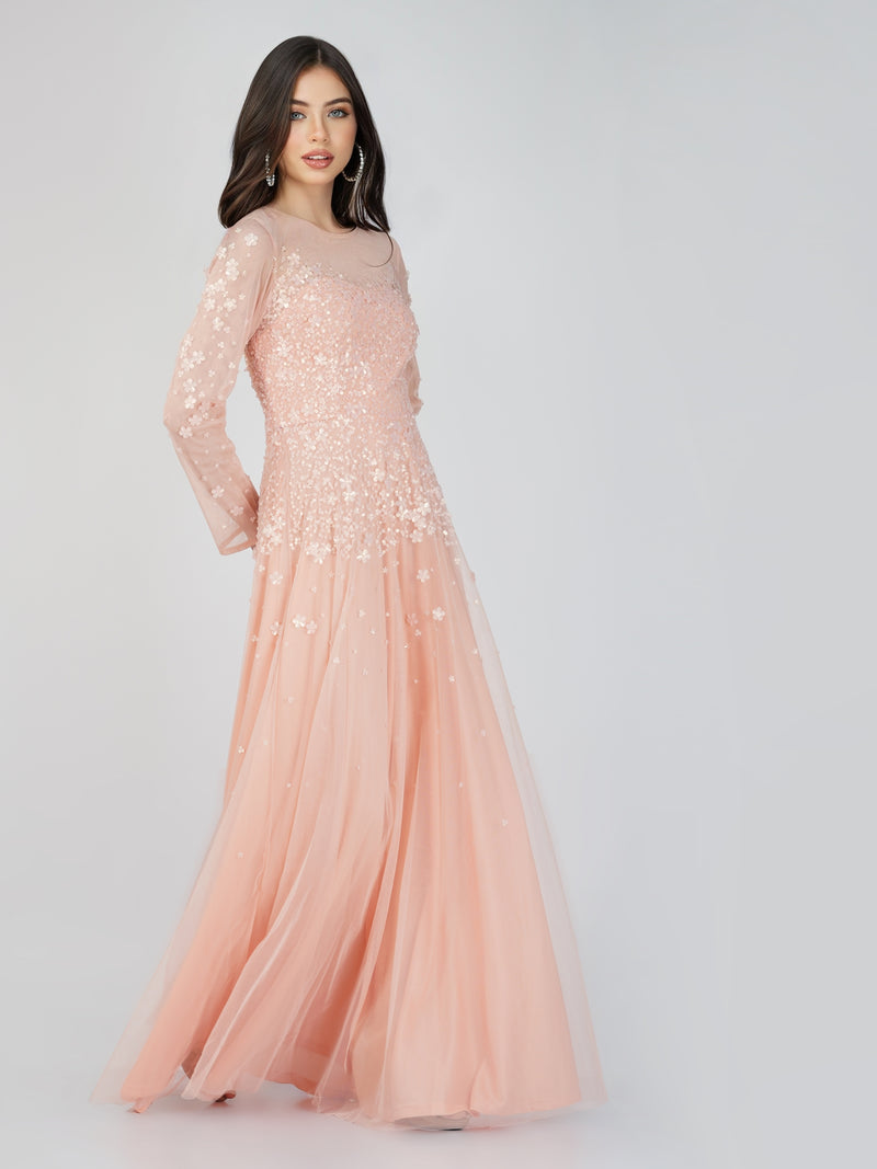Luciene Long Sleeve Embellished Maxi Dress in Blush Pink