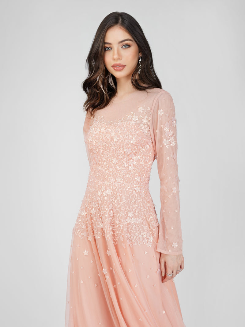 Luciene Long Sleeve Embellished Maxi Dress in Blush Pink