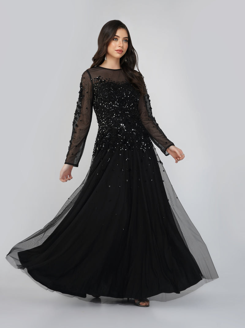 Luciene Long Sleeve Embellished Maxi Dress in Black