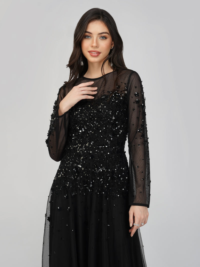 Luciene Long Sleeve Embellished Maxi Dress in Black