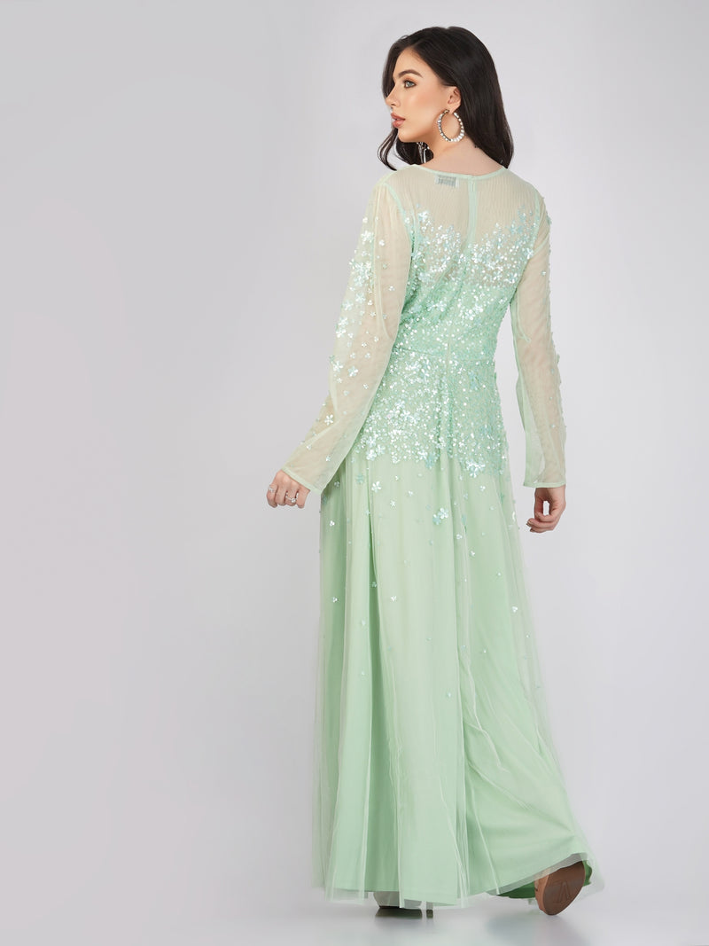 Luciene Long Sleeve Embellished Maxi Dress in Mint