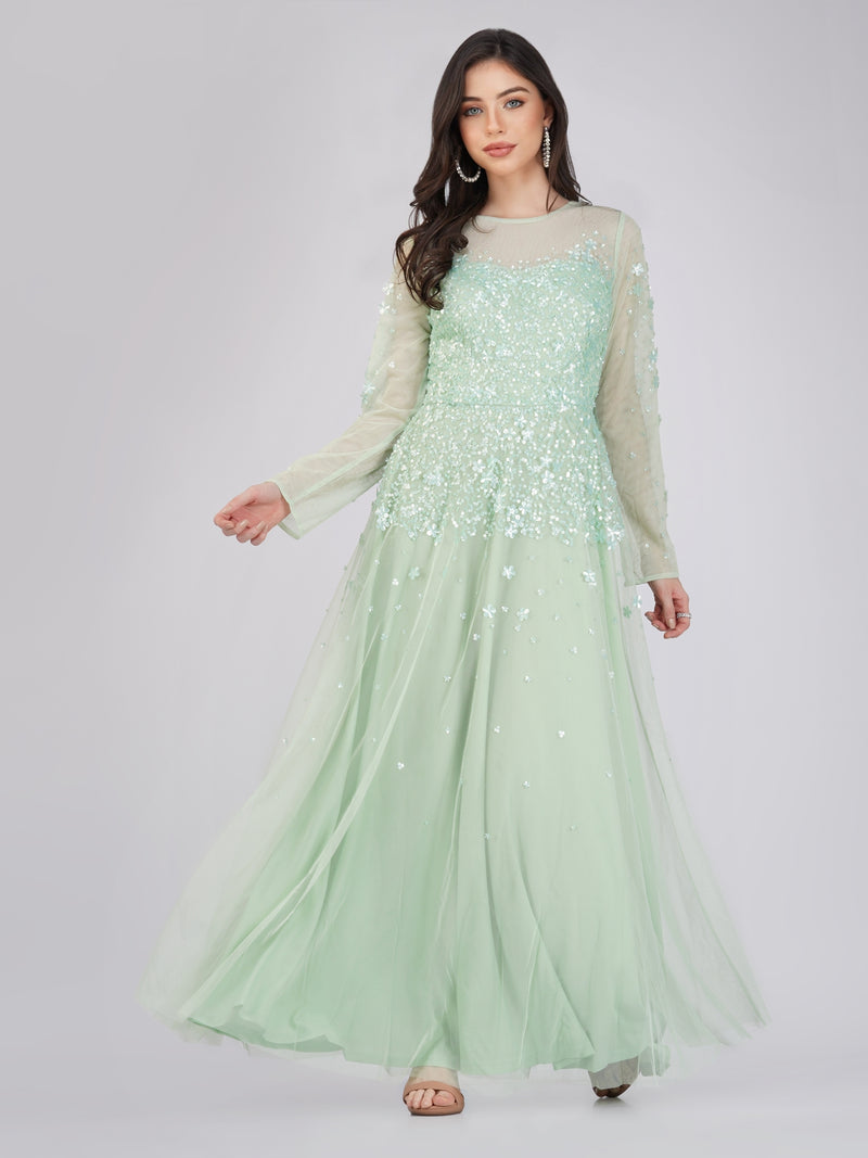 Luciene Long Sleeve Embellished Maxi Dress in Mint