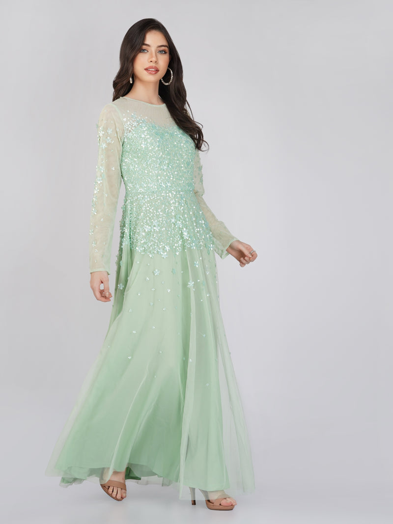 Luciene Long Sleeve Embellished Maxi Dress in Mint