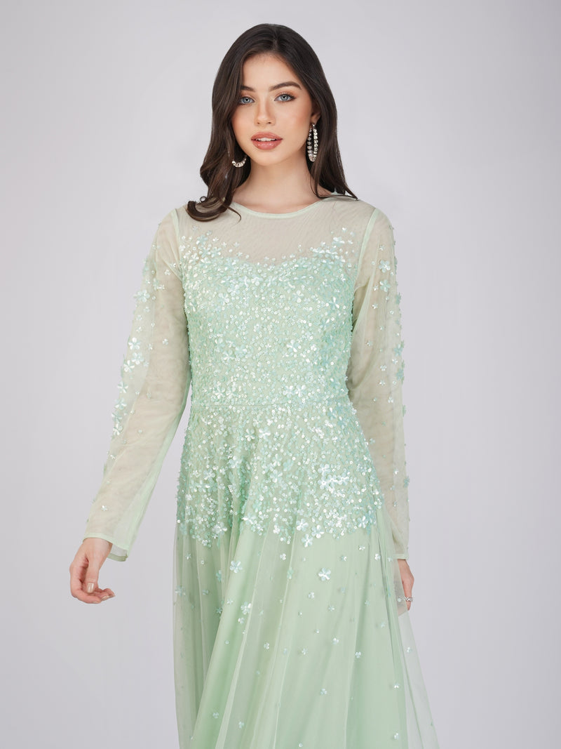 Luciene Long Sleeve Embellished Maxi Dress in Mint