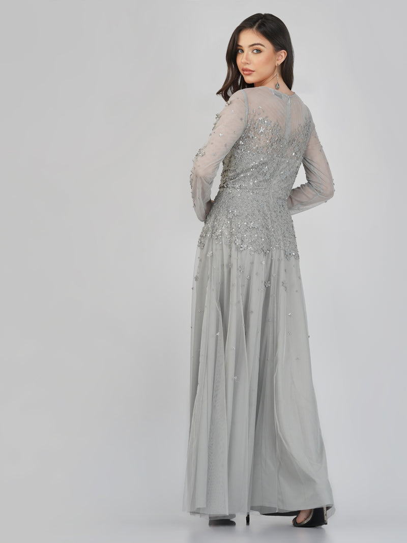 Luciene Long Sleeve Embellished Maxi Dress in Grey