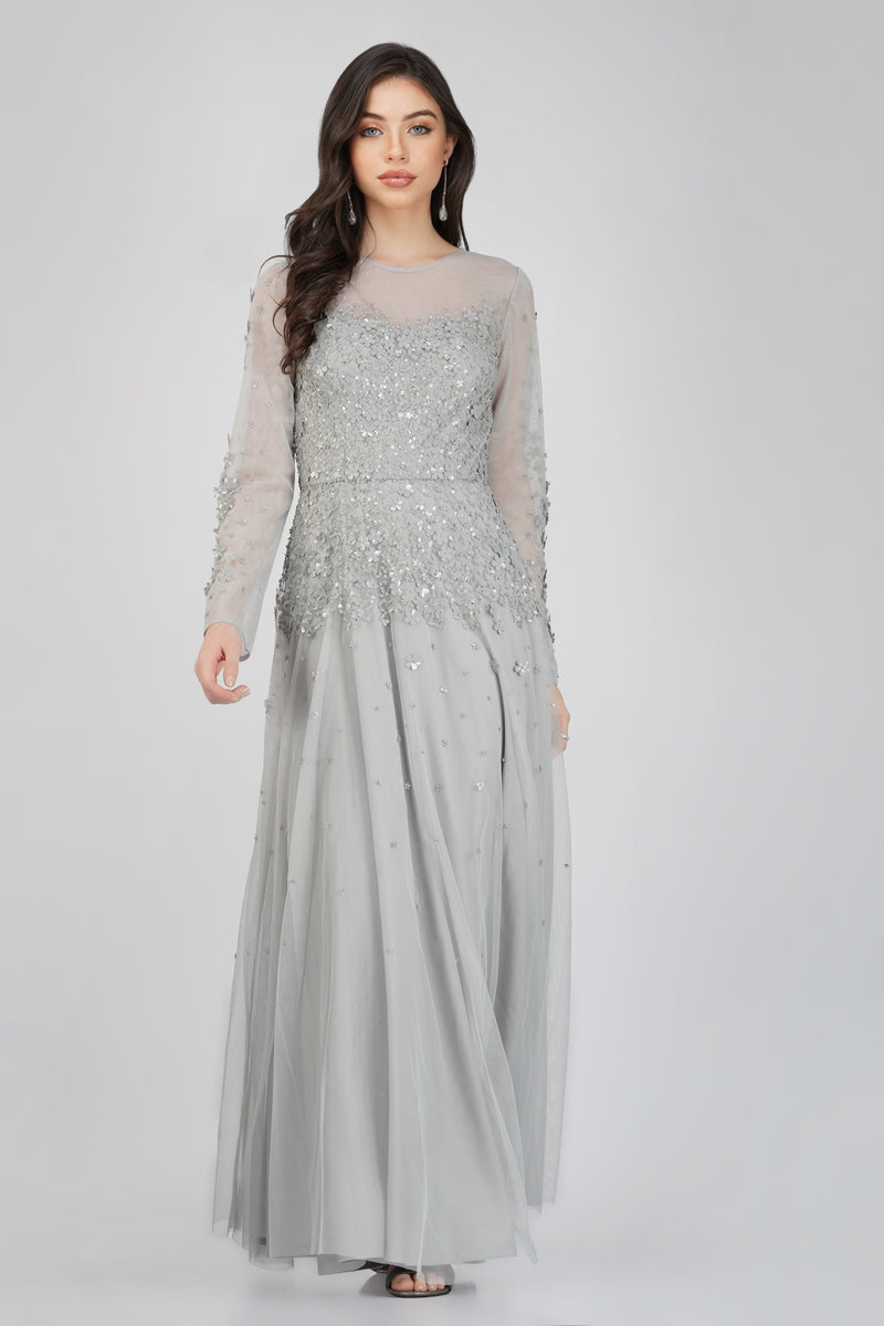 Luciene Long Sleeve Embellished Maxi Dress in Grey Lace Beads
