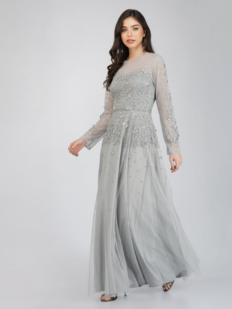 Luciene Long Sleeve Embellished Maxi Dress in Grey