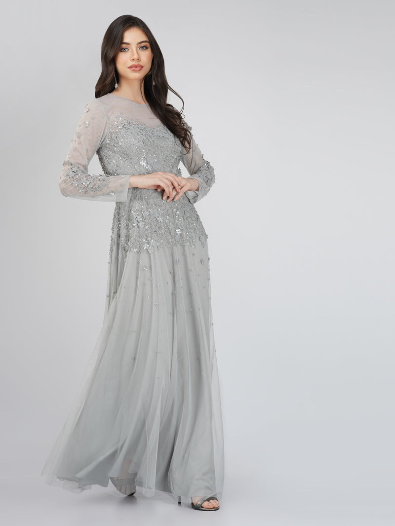 Luciene Long Sleeve Embellished Maxi Dress in Grey