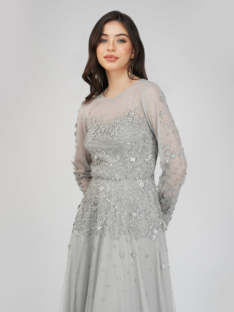 Luciene Long Sleeve Embellished Maxi Dress in Grey