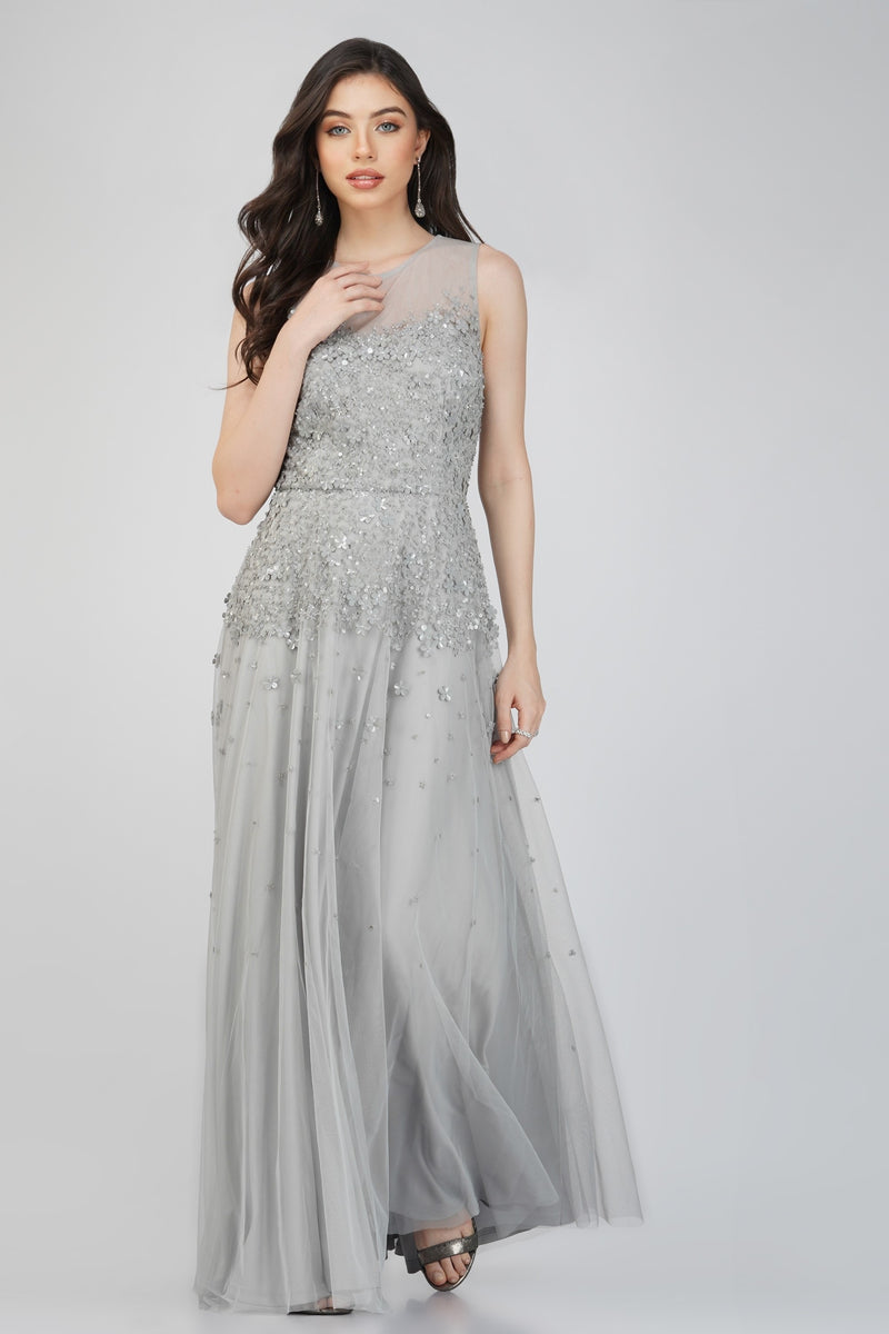 Lilith Floral Embellished Maxi Dress in Grey