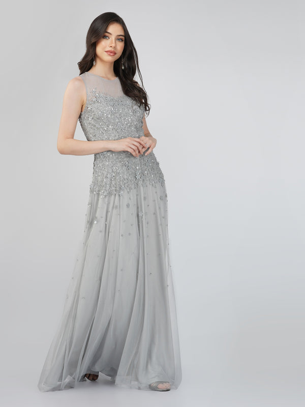 Lilith Floral Embellished Maxi Dress in Grey