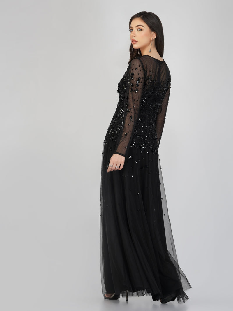 Luciene Long Sleeve Embellished Maxi Dress in Black