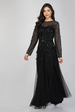 Luciene Long Sleeve Embellished Maxi Dress in Black