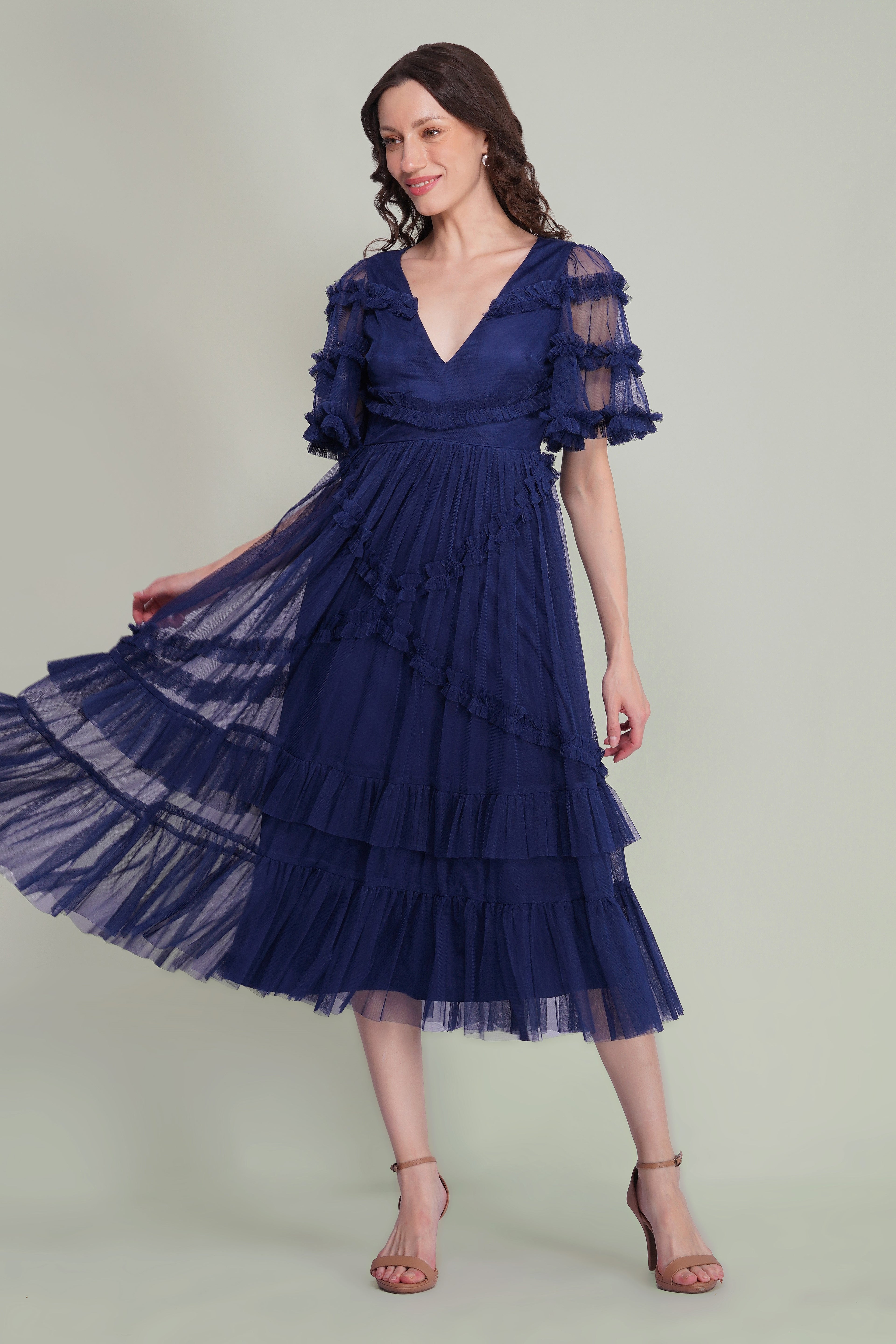 Florette Tulle Midi Dress in Navy Peony
