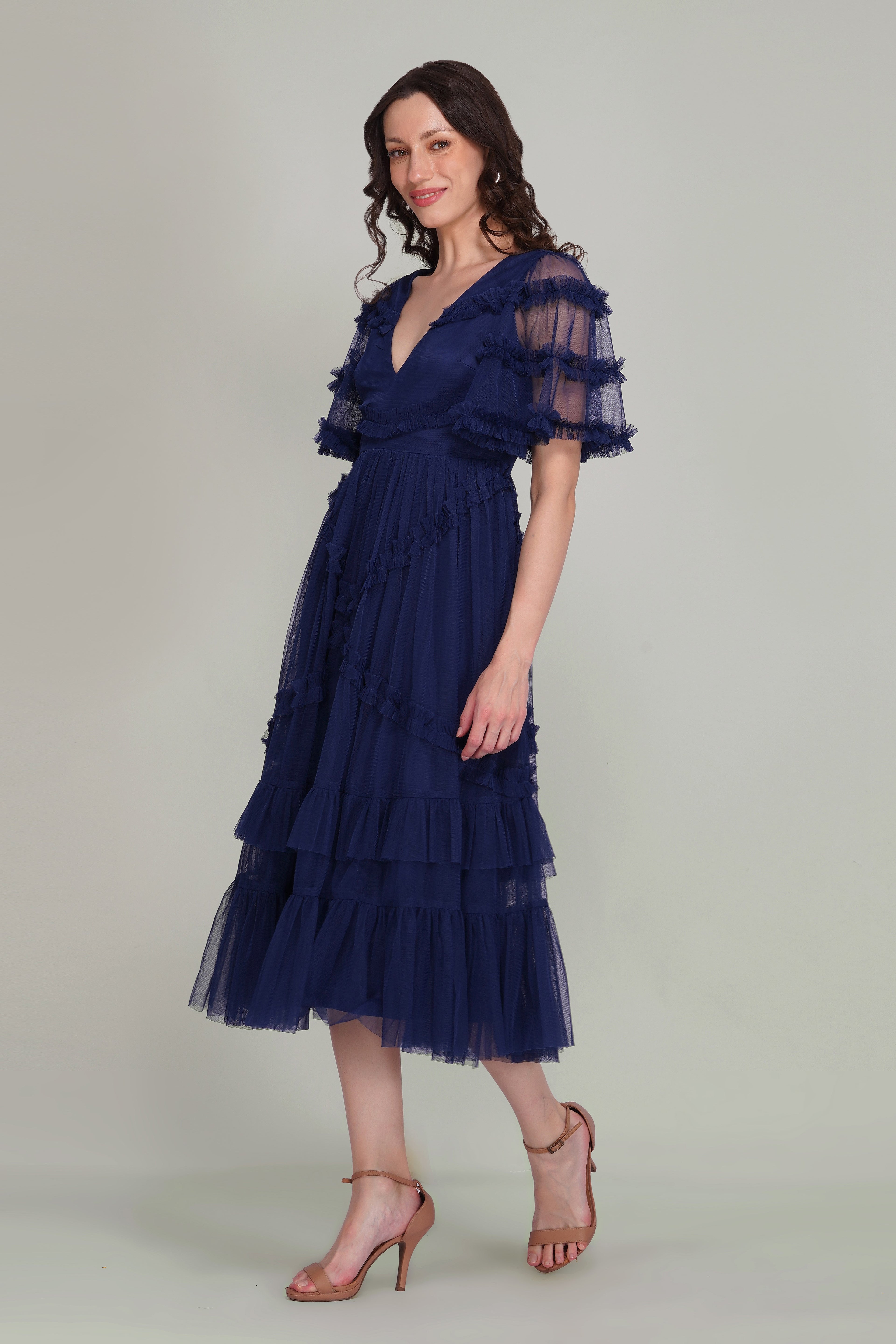 Florette Tulle Midi Dress in Navy Peony