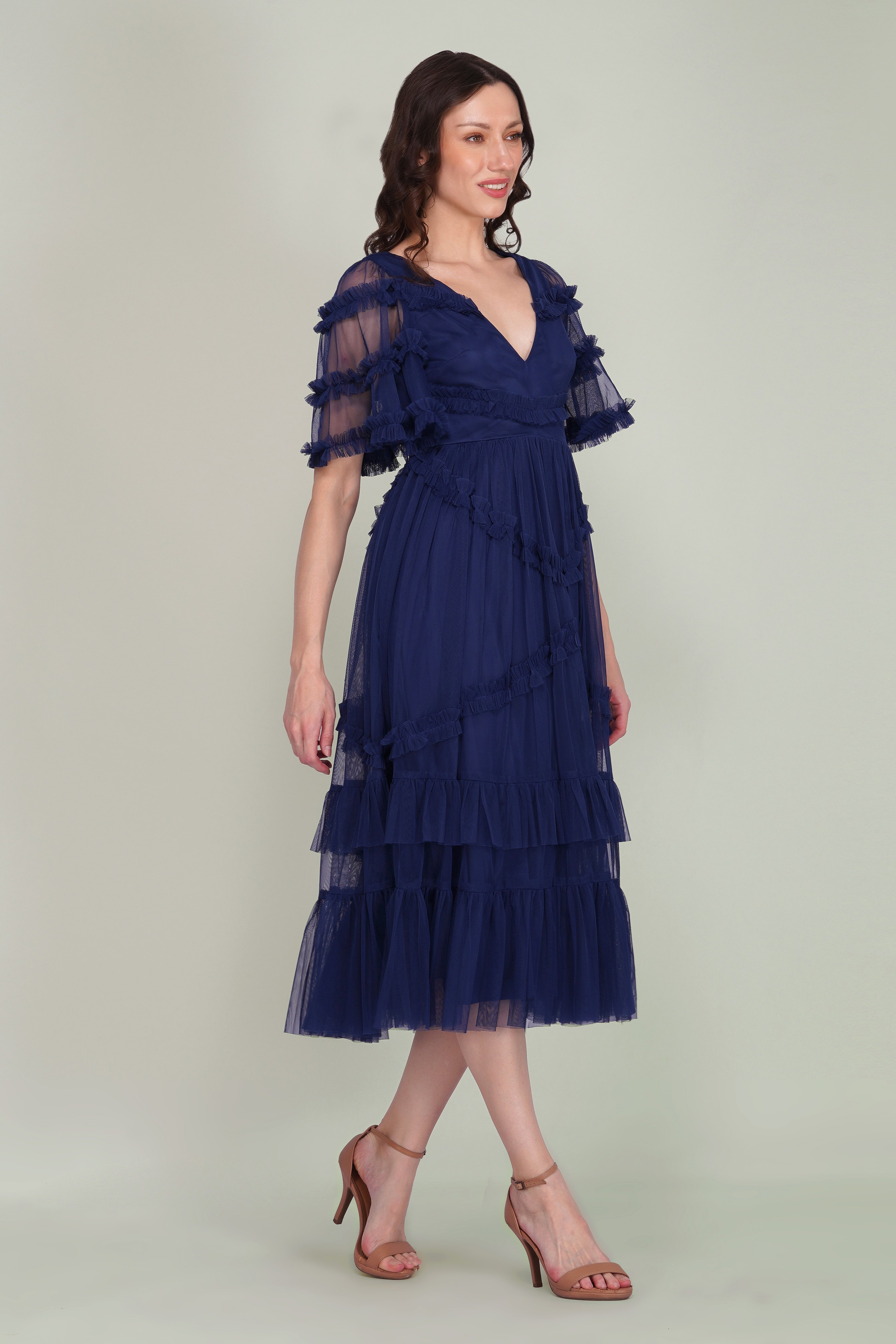 Florette Tulle Midi Dress in Navy Peony