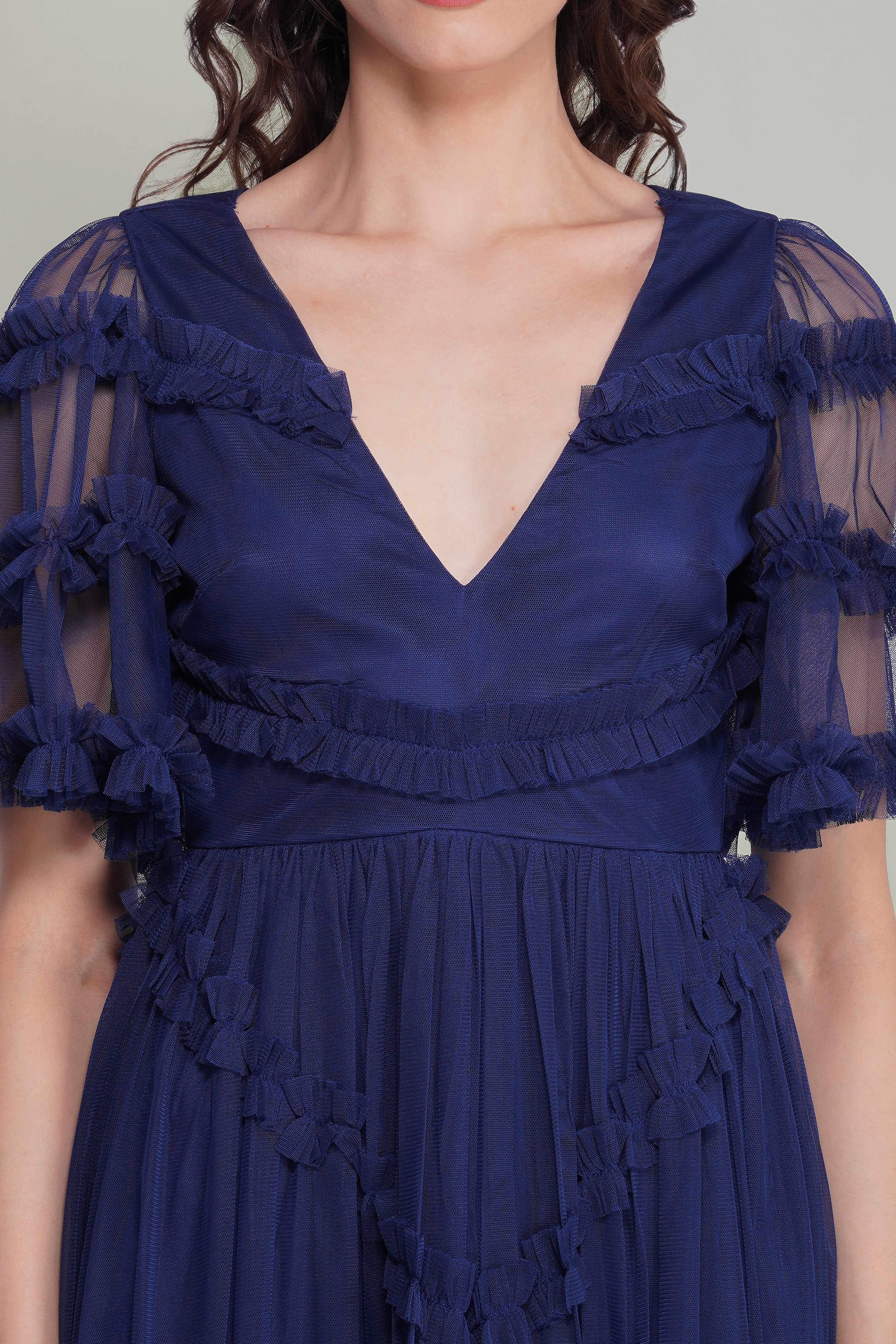 Florette Tulle Midi Dress in Navy Peony