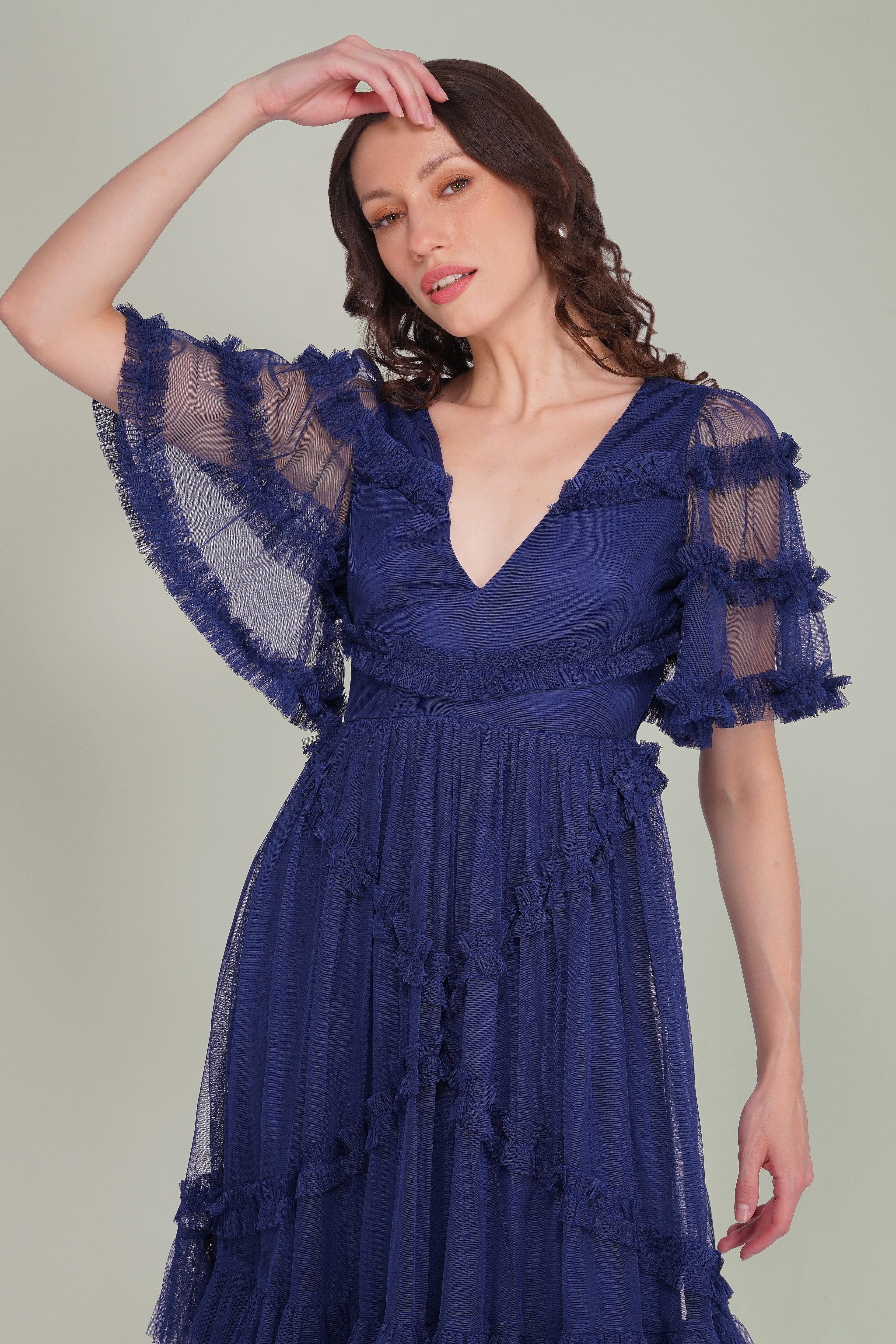 Florette Tulle Midi Dress in Navy Peony