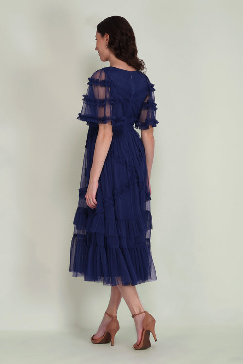 Florette Tulle Midi Dress in Navy Peony