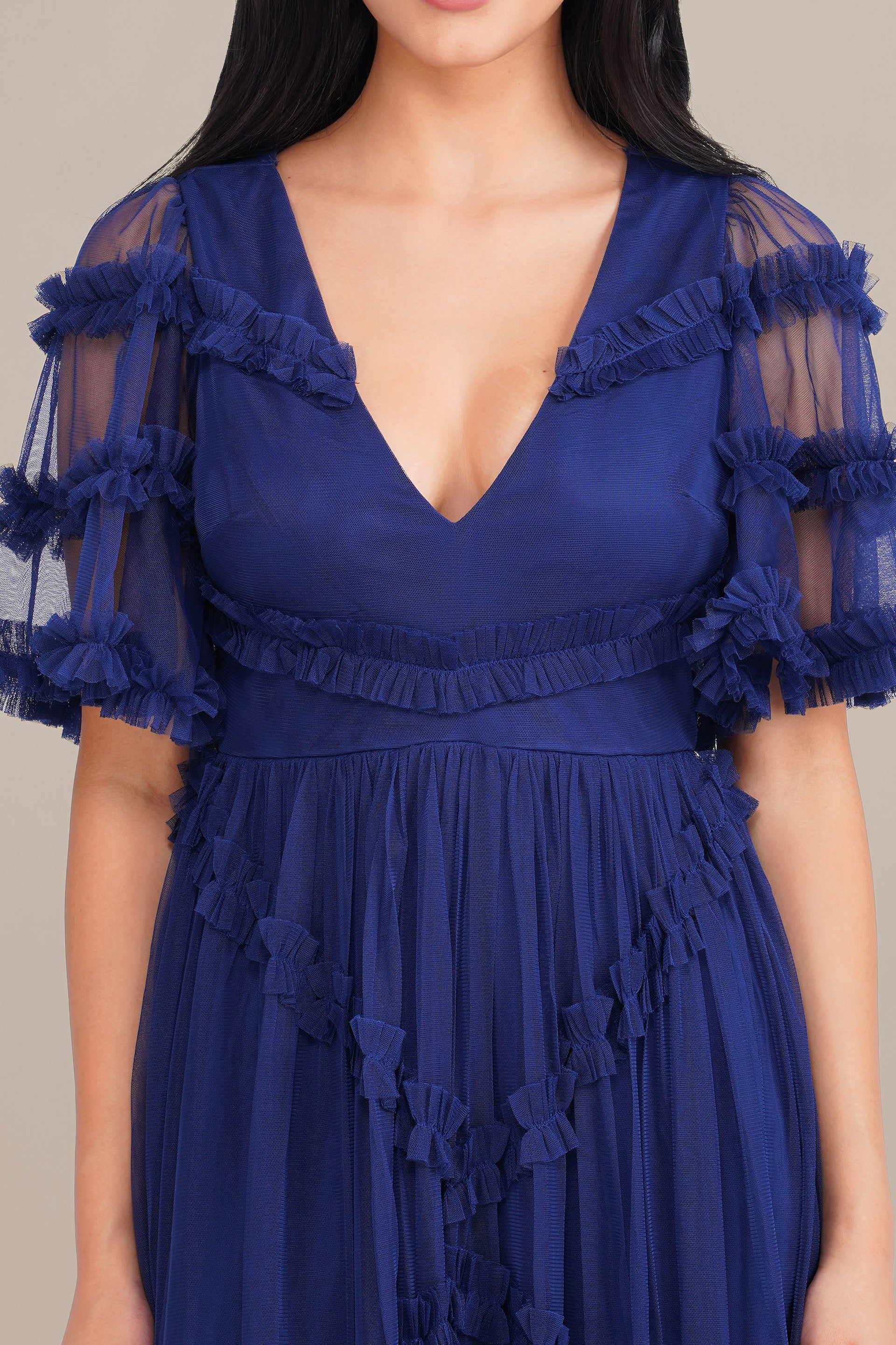 Florette Tulle Midi Dress in Navy Peony