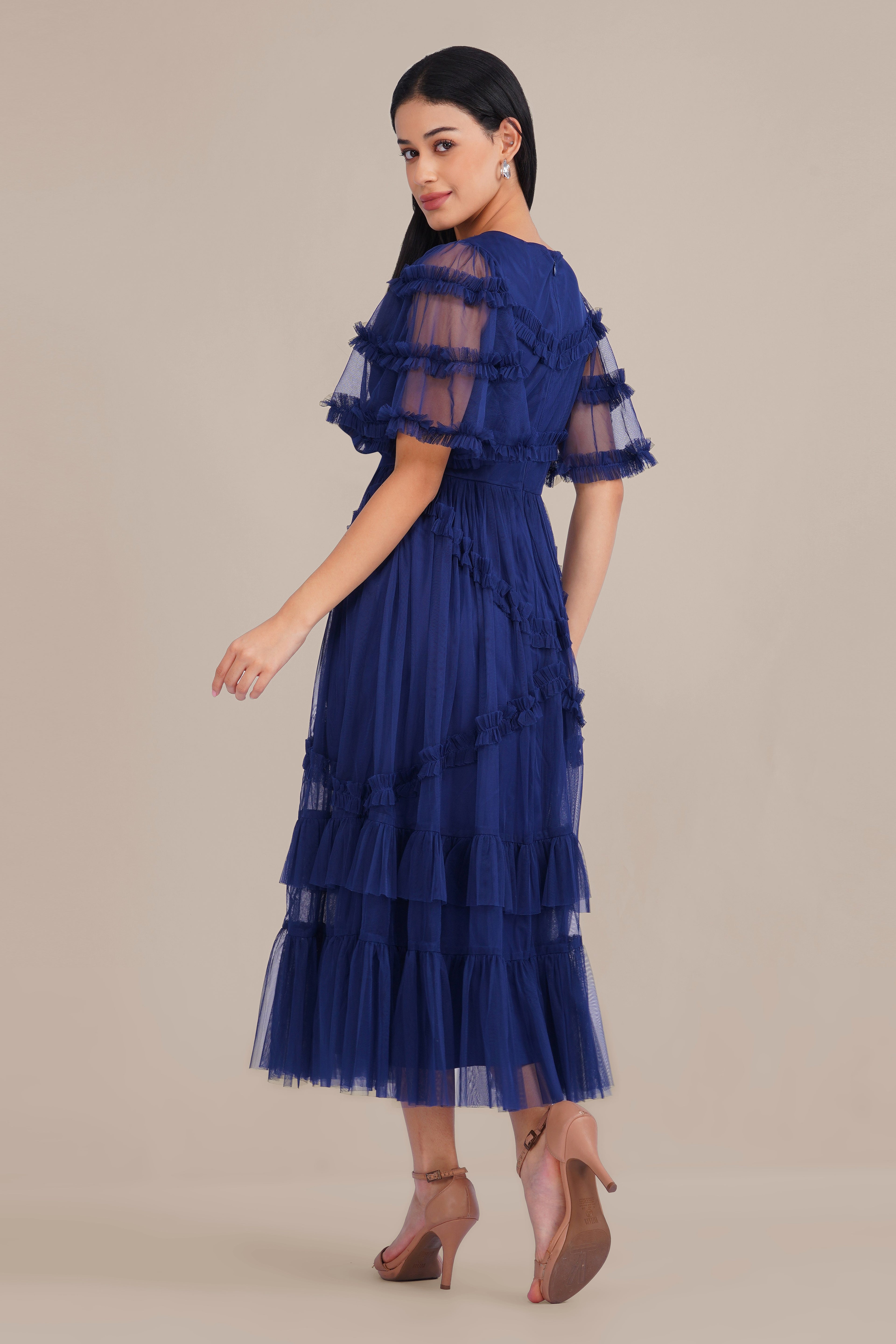 Florette Tulle Midi Dress in Navy Peony