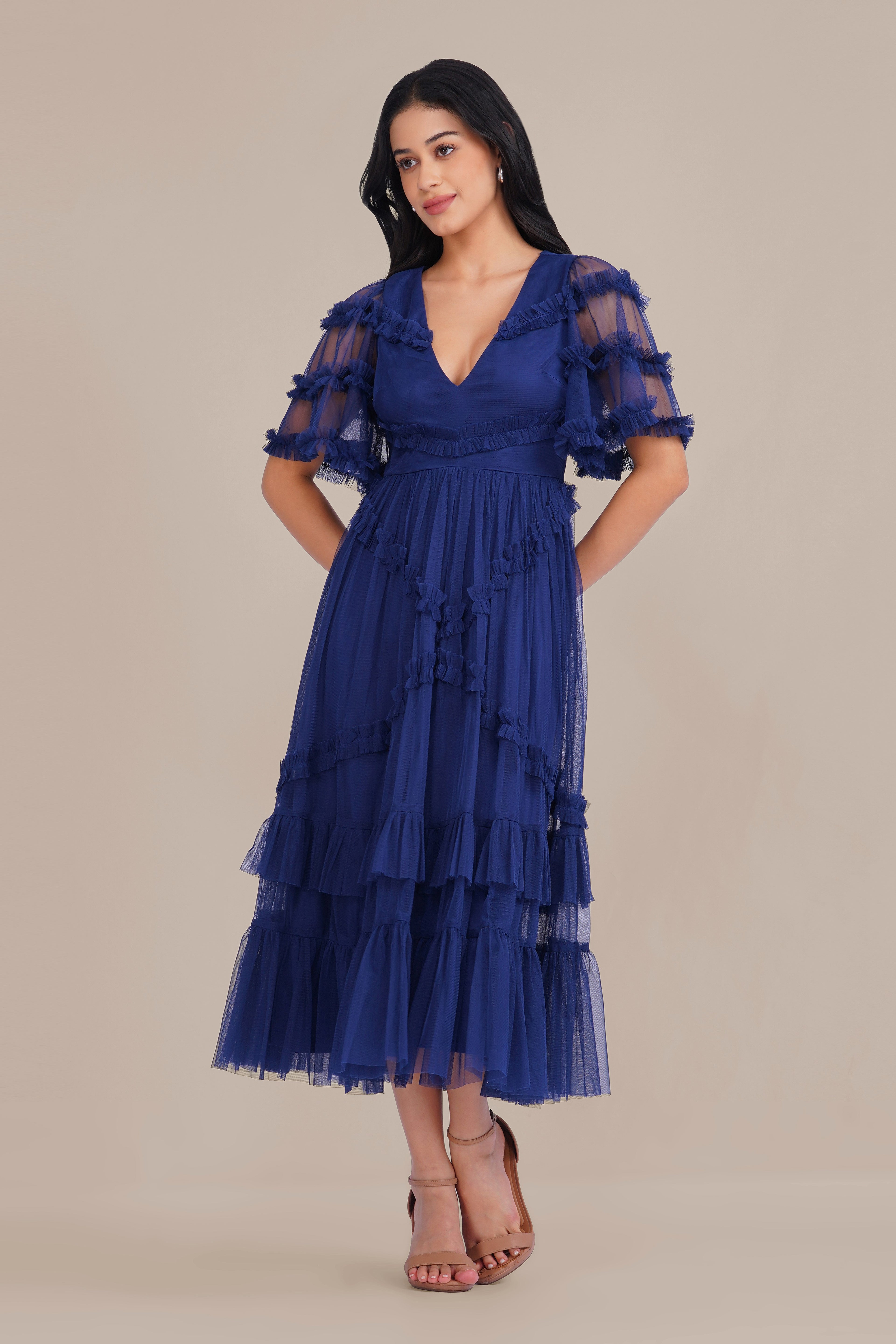 Florette Tulle Midi Dress in Navy Peony