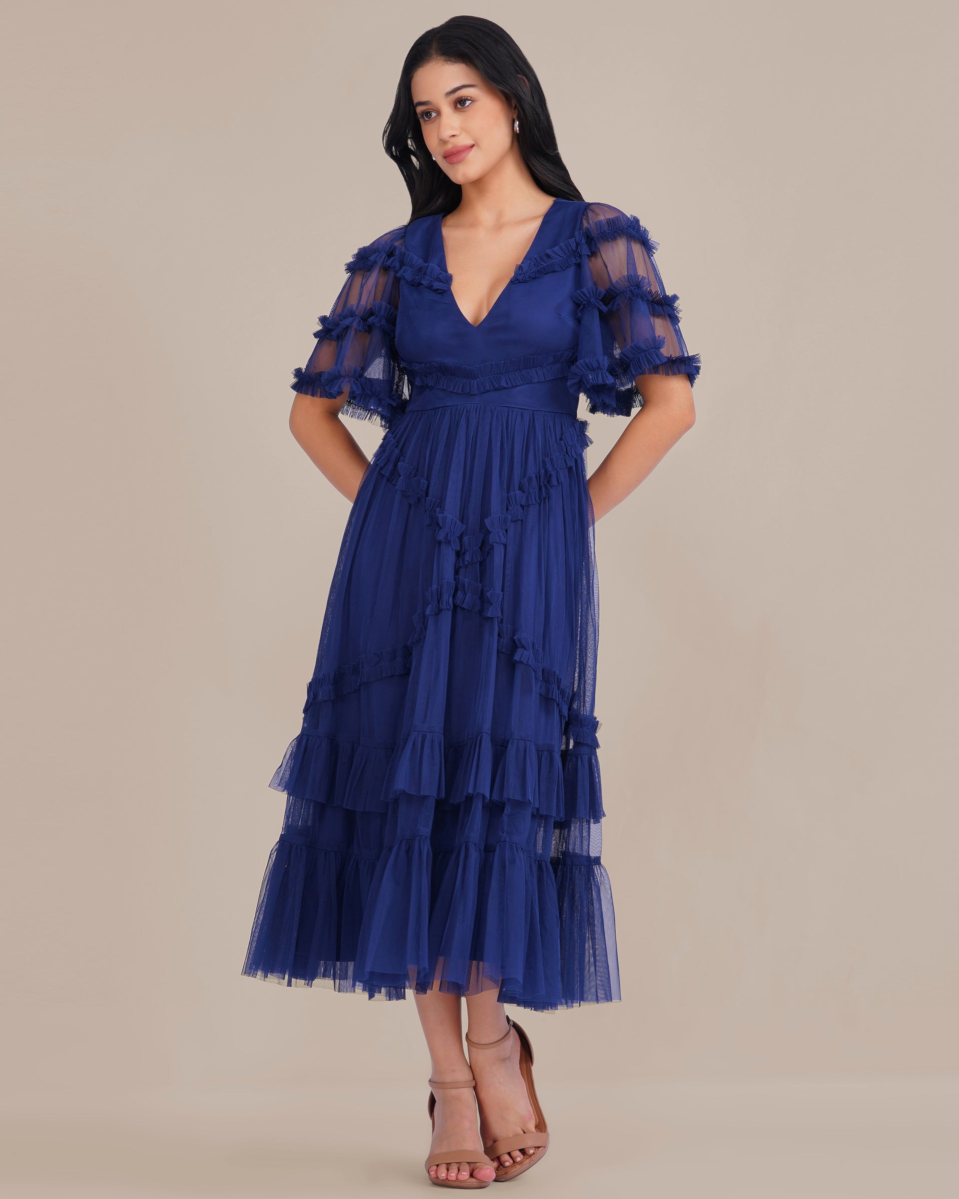 Florette Tulle Midi Dress in Navy Peony